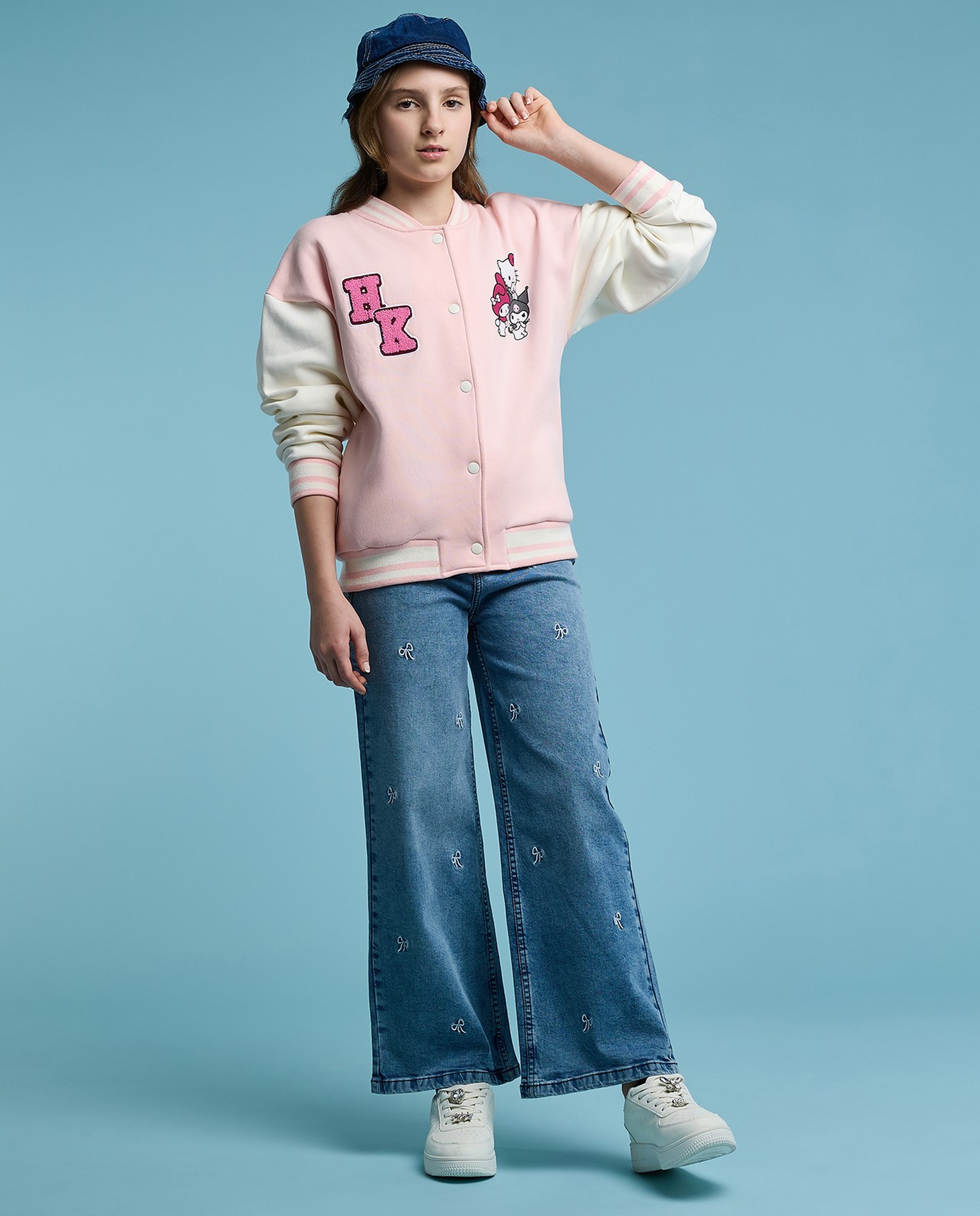 Hello Kitty & Friends Print Bomber Jacket with Button Closure