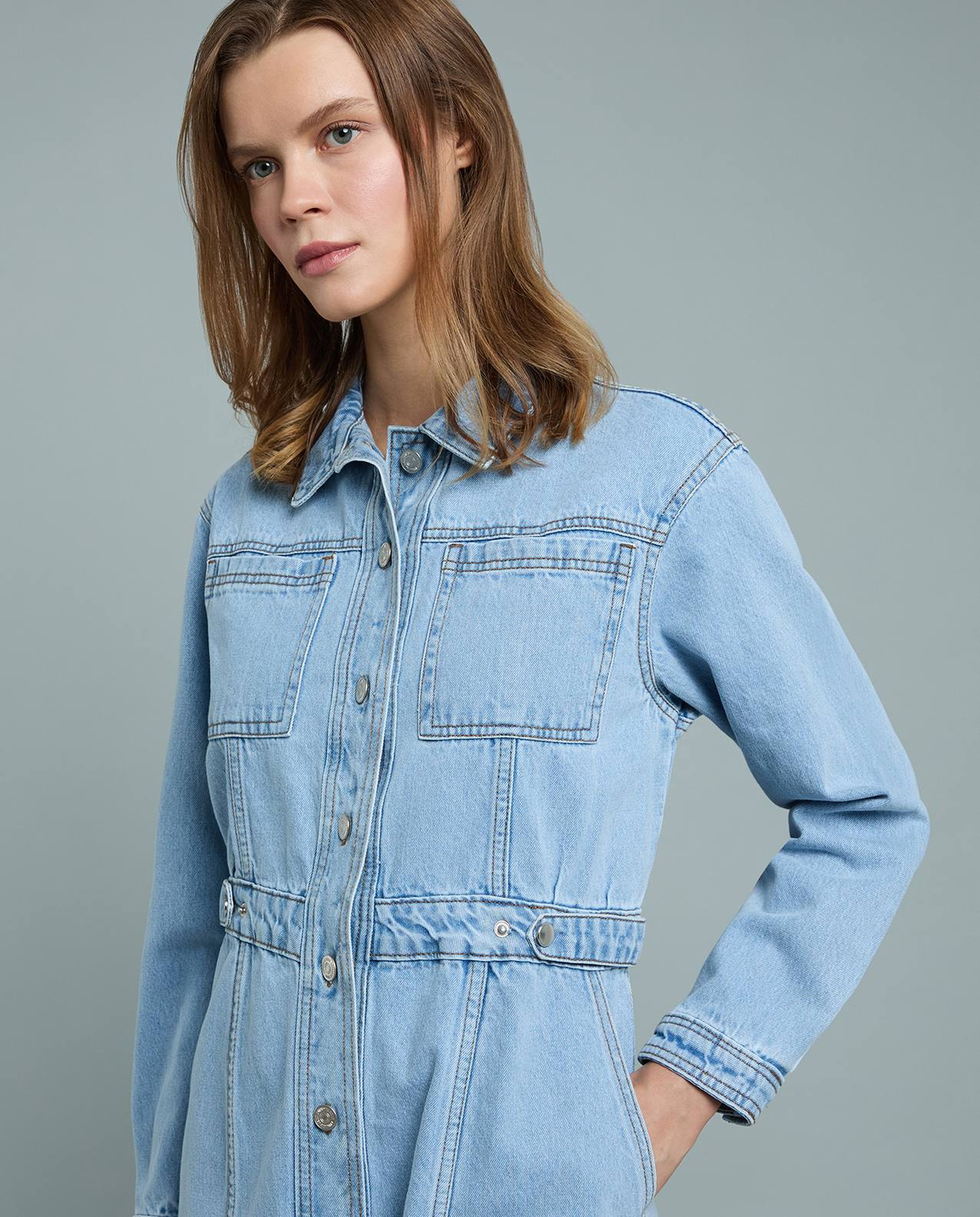 Washed Denim Shirt Dress with Long Sleeves