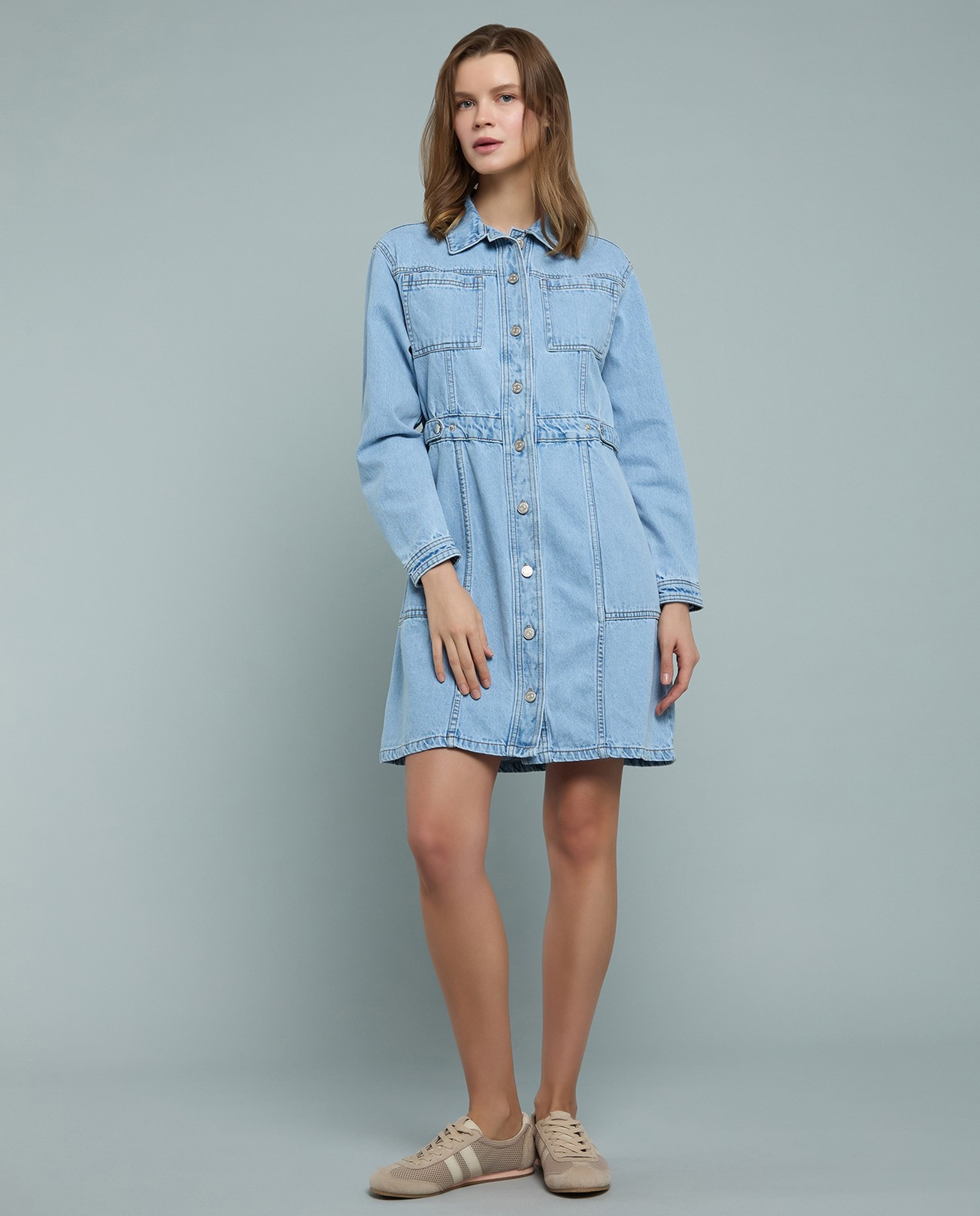 Washed Denim Shirt Dress with Long Sleeves