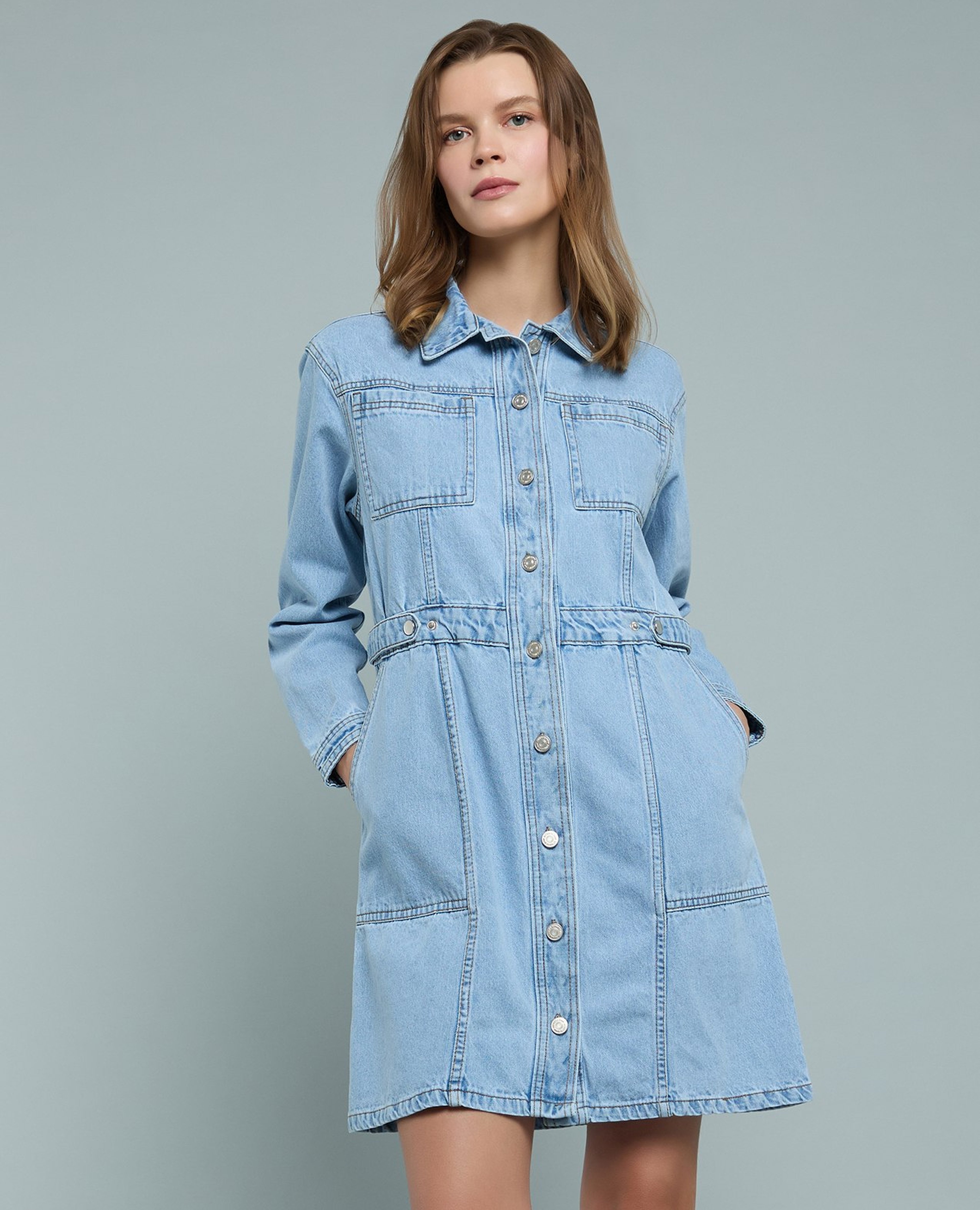 فستان قميص جينز كم طويل