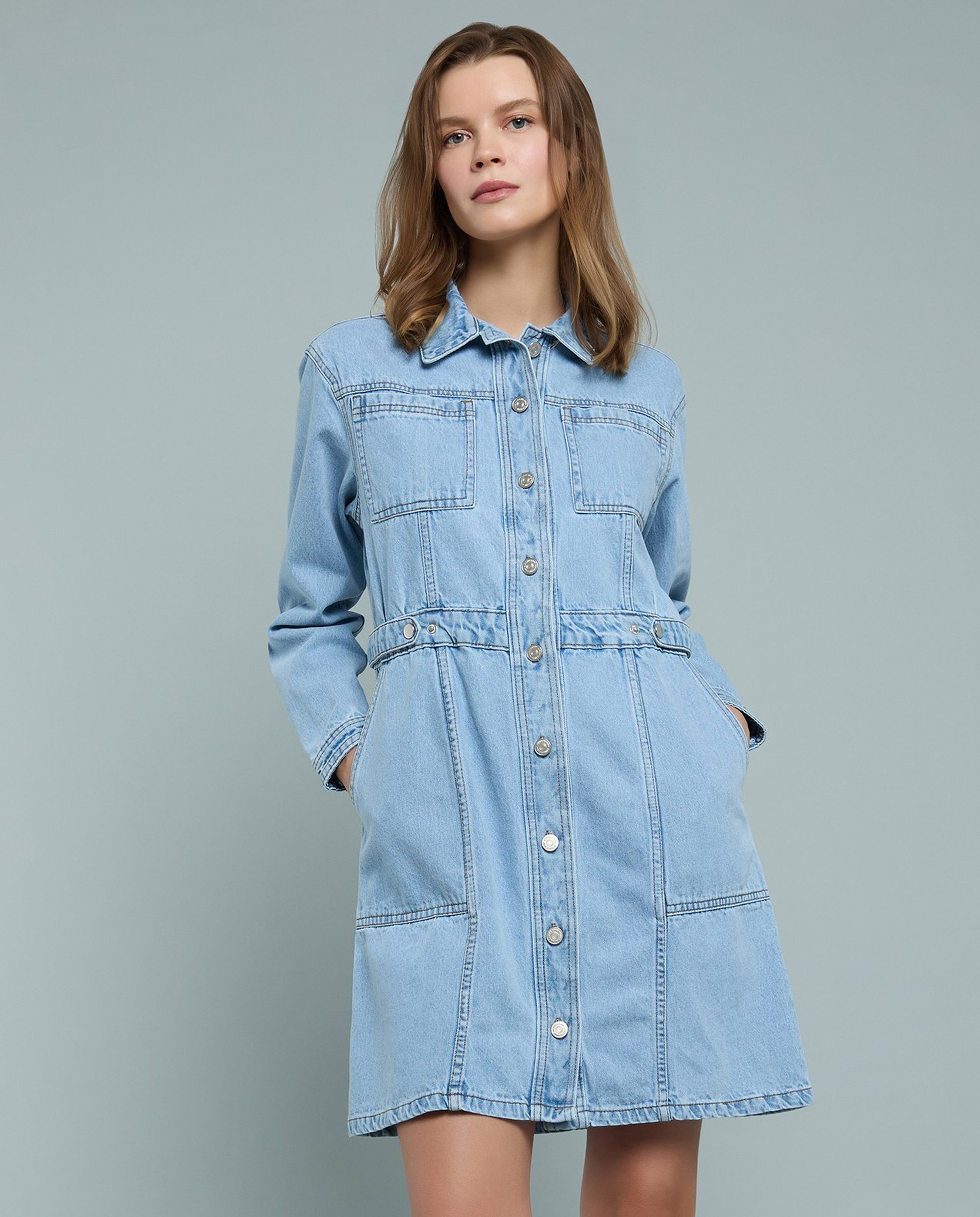 Washed Denim Shirt Dress with Long Sleeves