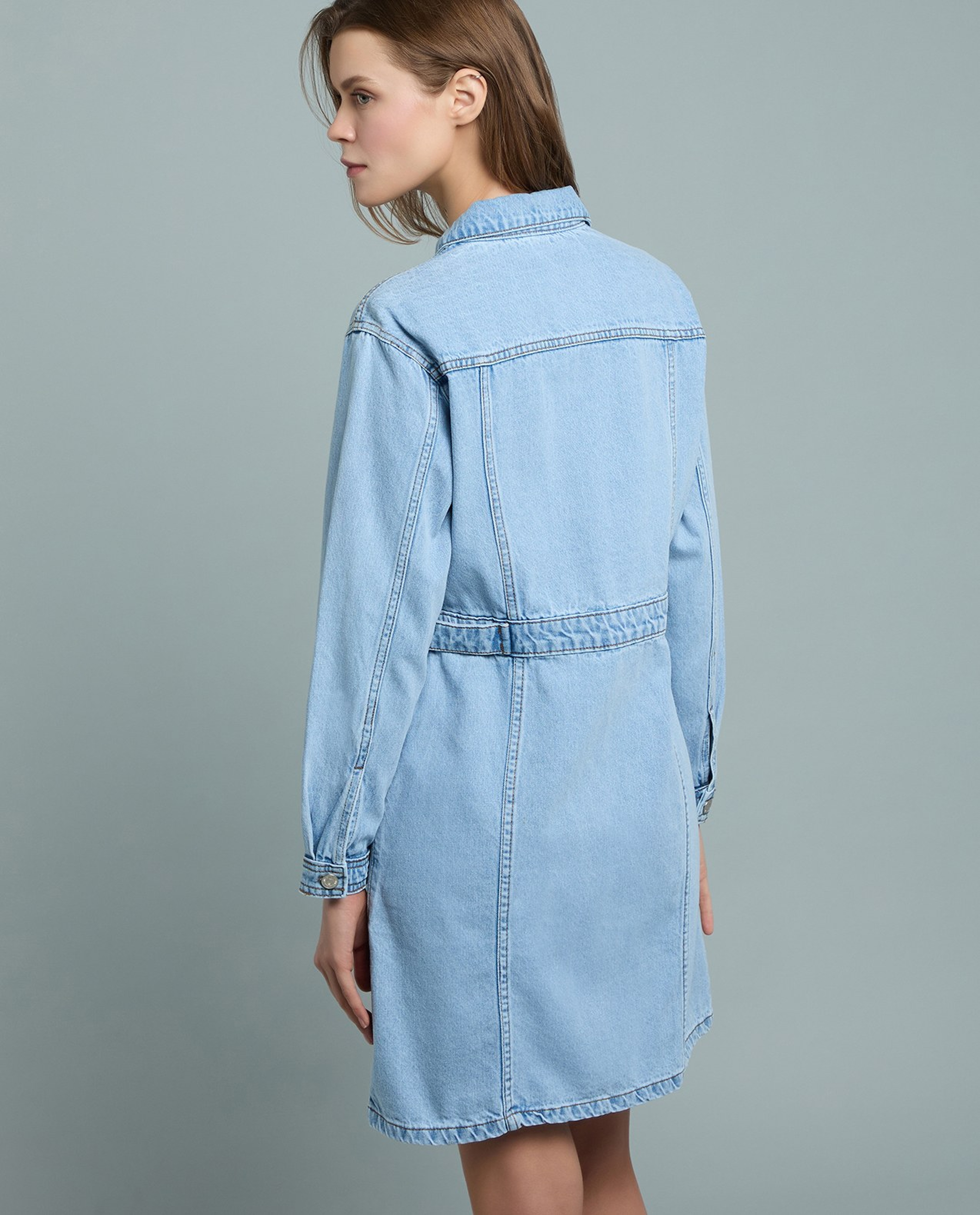 Washed Denim Shirt Dress with Long Sleeves