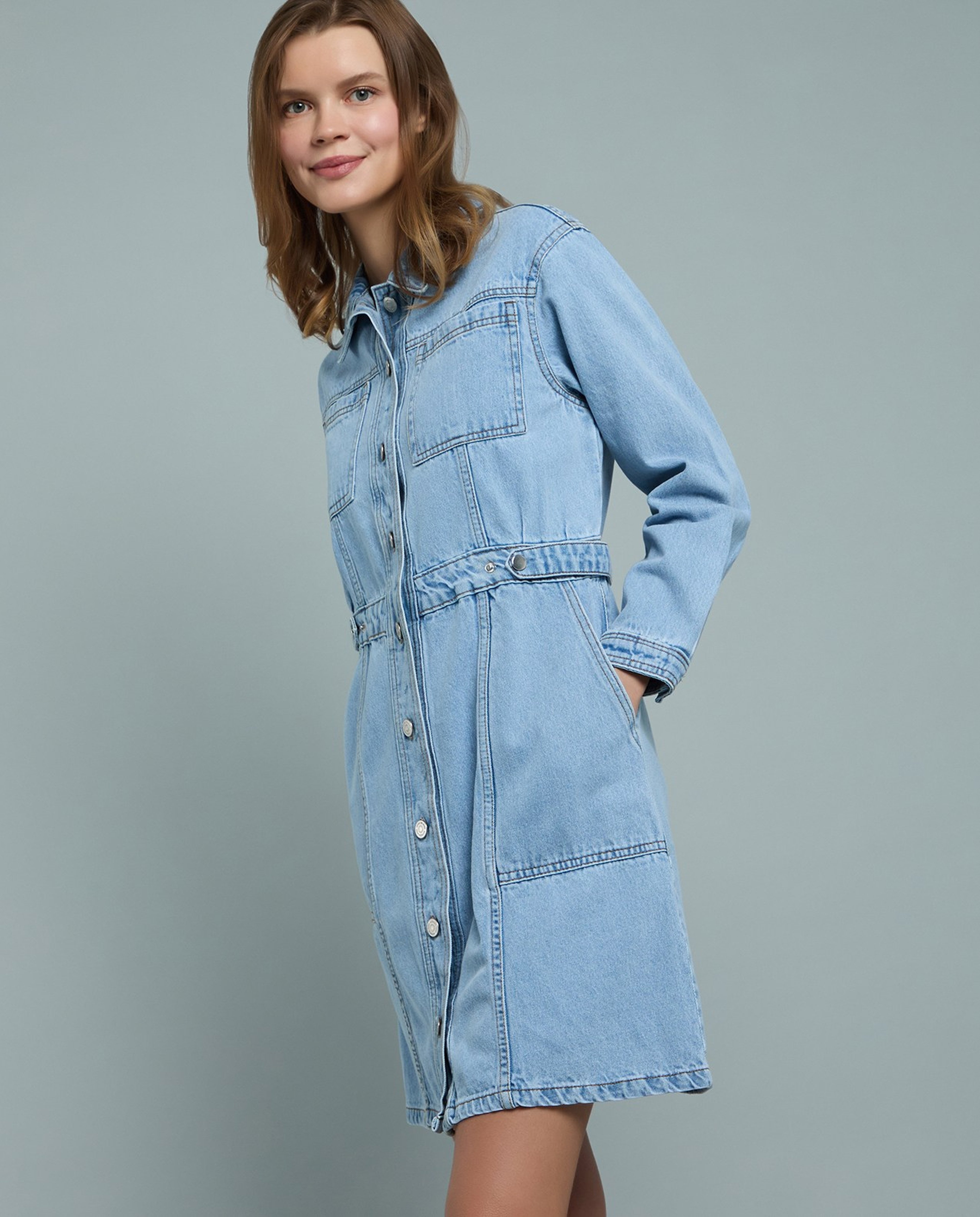 Washed Denim Shirt Dress with Long Sleeves