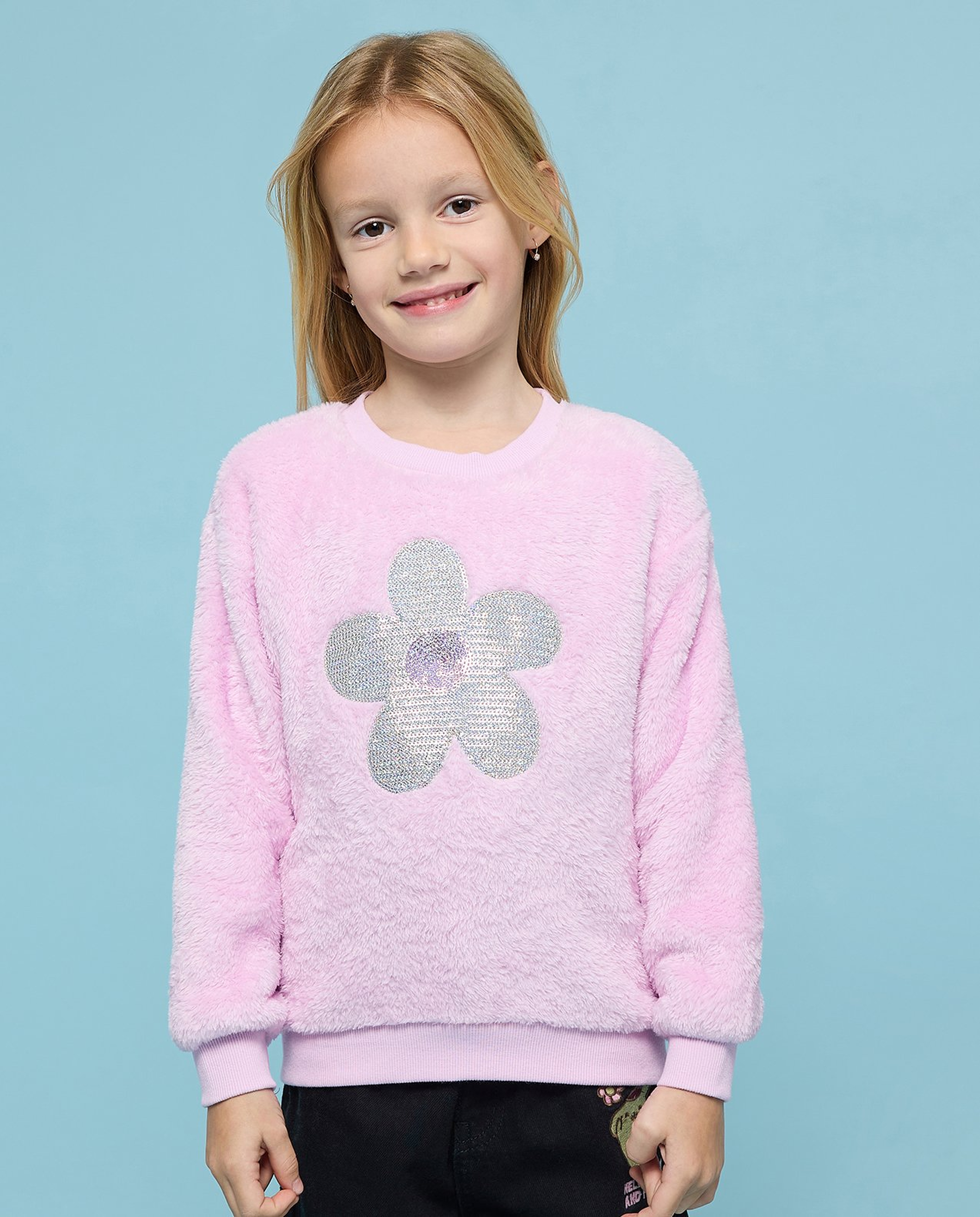 Sequined Sweatshirt with Crew Neck and Long Sleeves