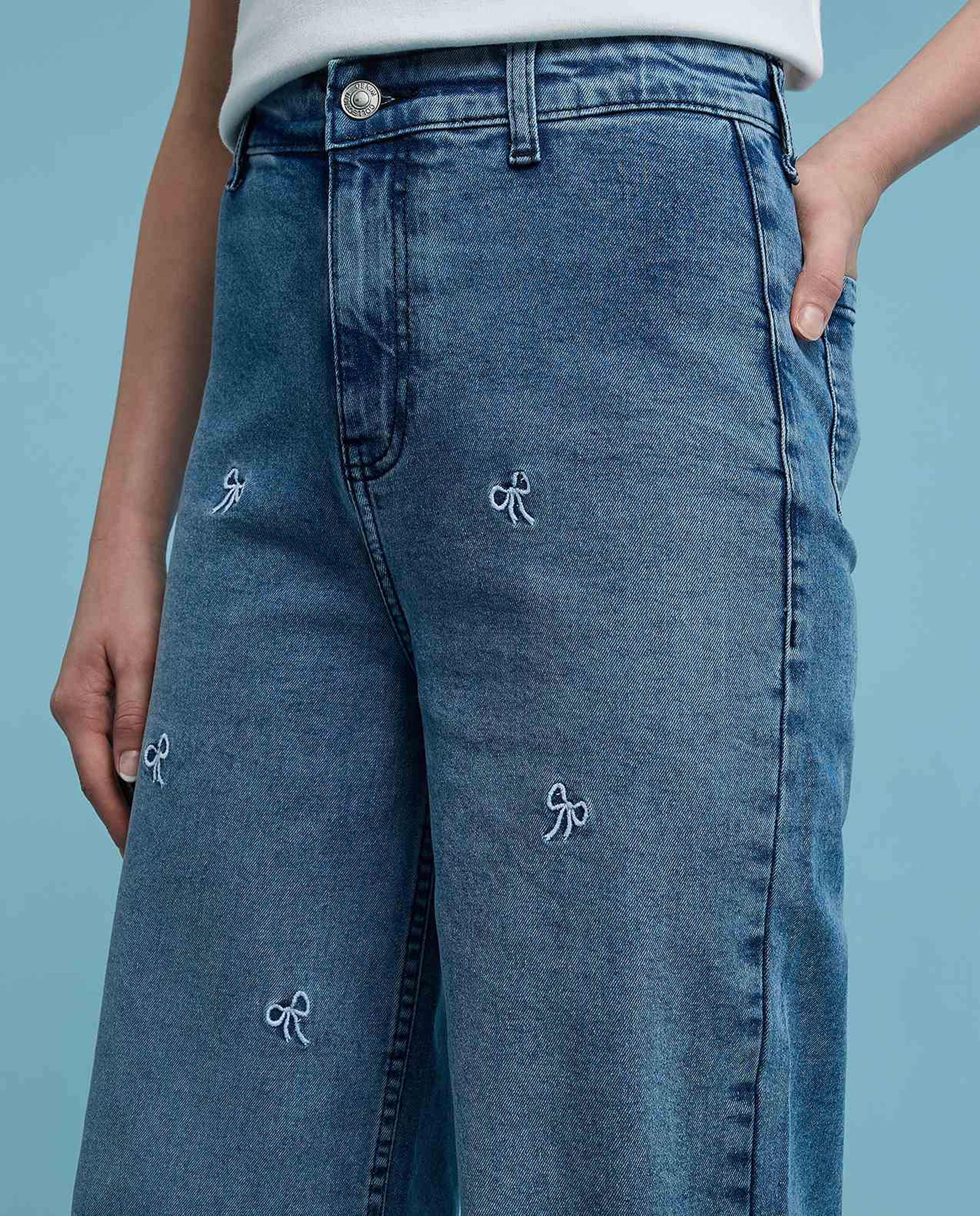 Embroidered Wide Leg Jeans with Button Closure