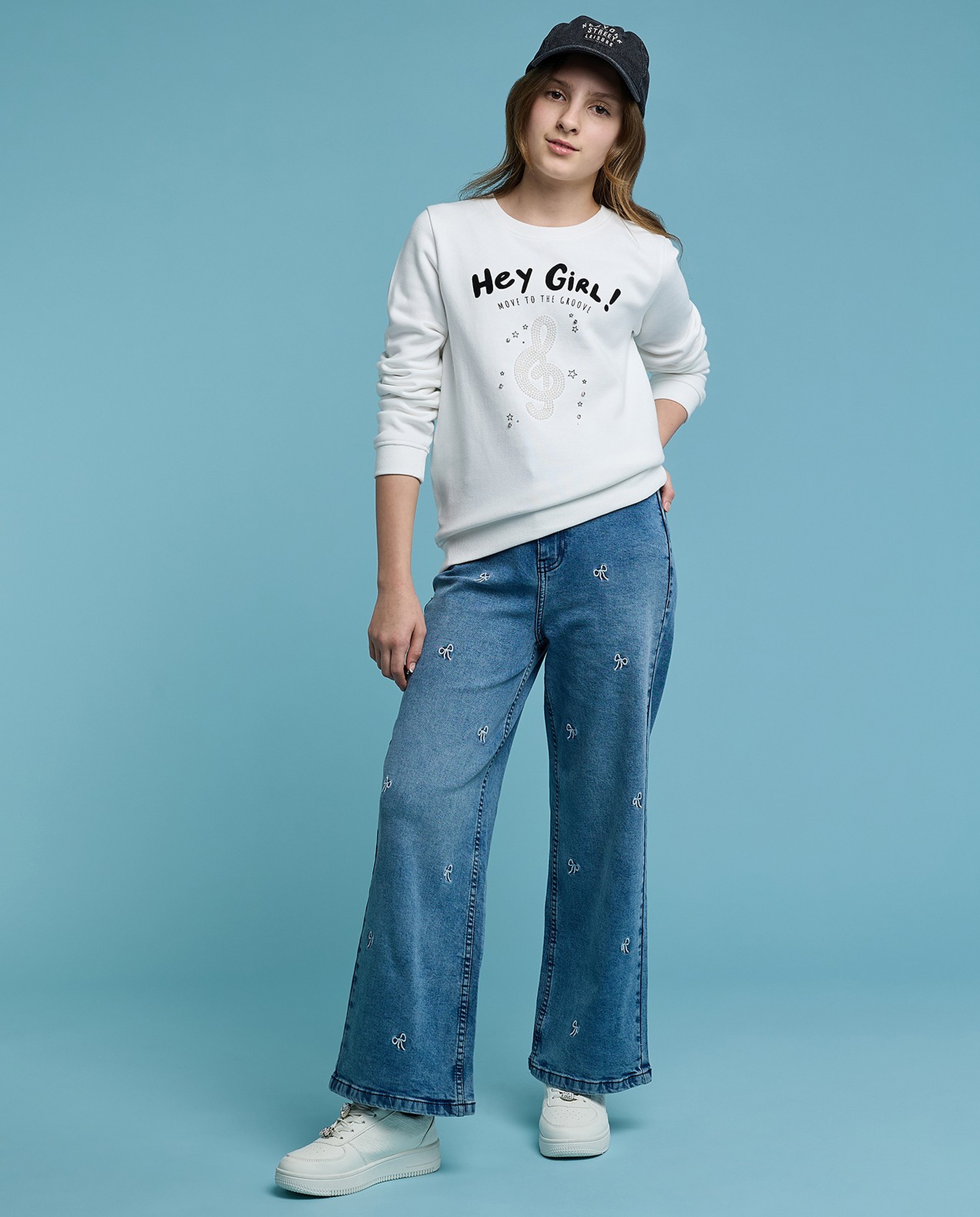 Embroidered Wide Leg Jeans with Button Closure