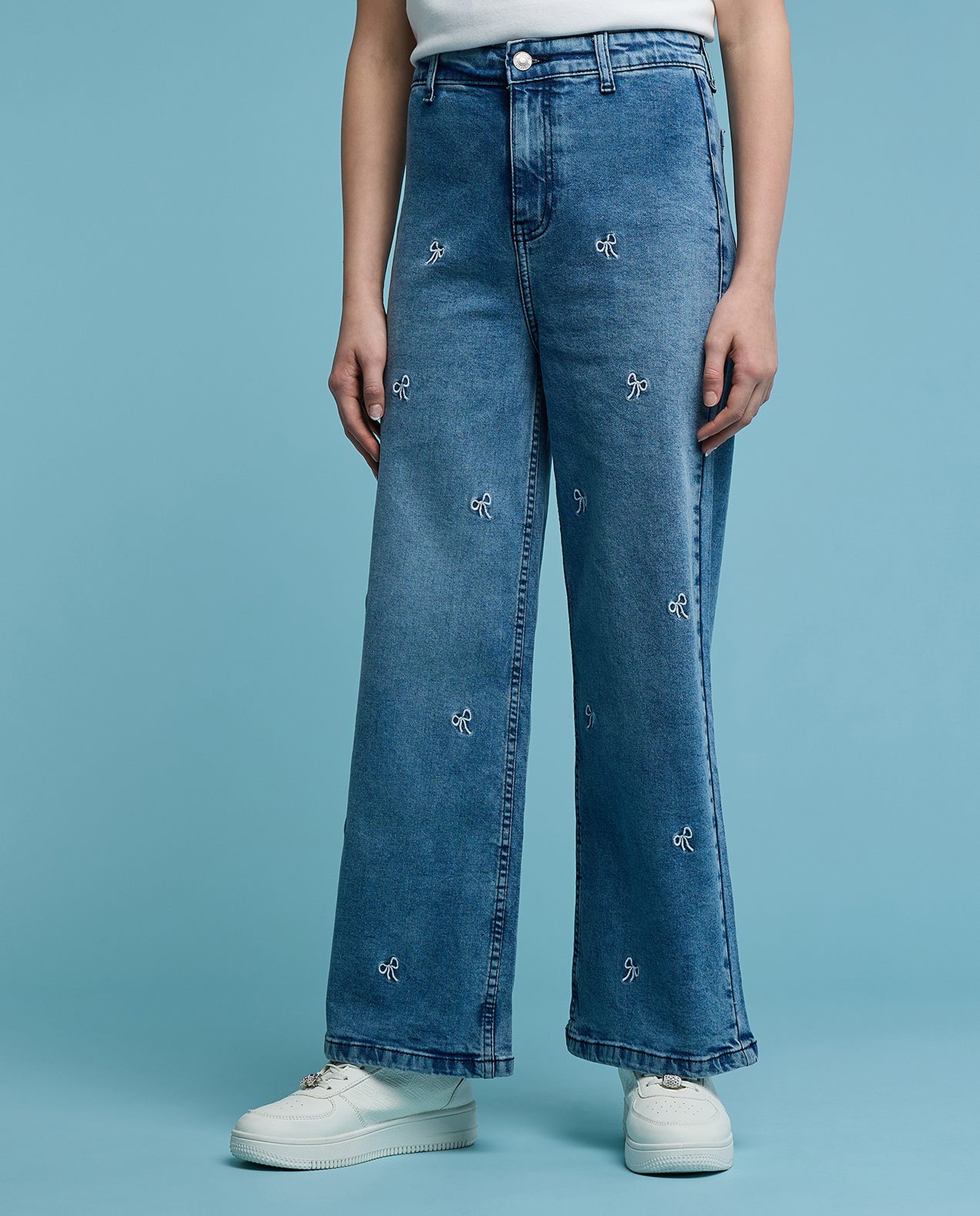 Embroidered Wide Leg Jeans with Button Closure