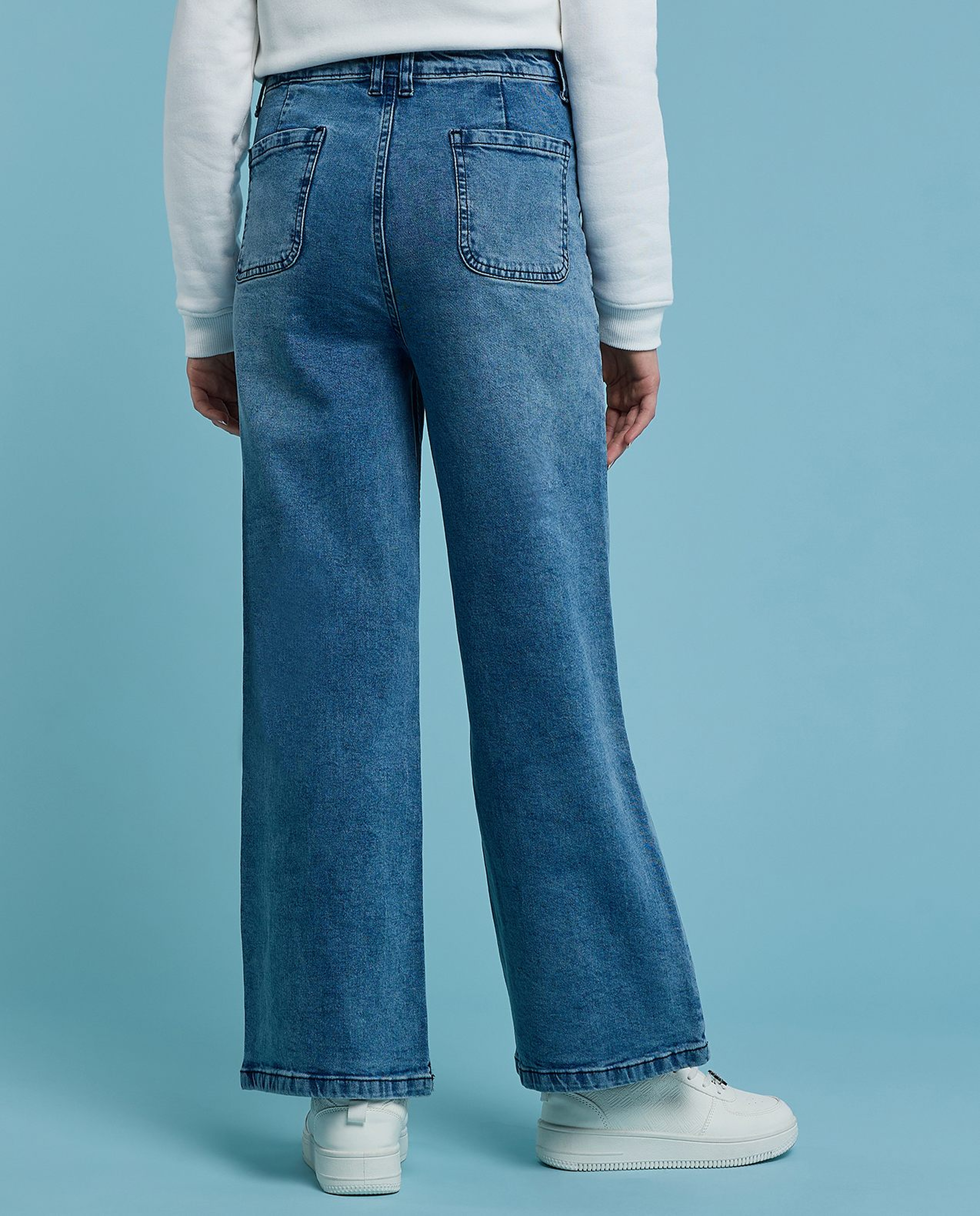 Embroidered Wide Leg Jeans with Button Closure