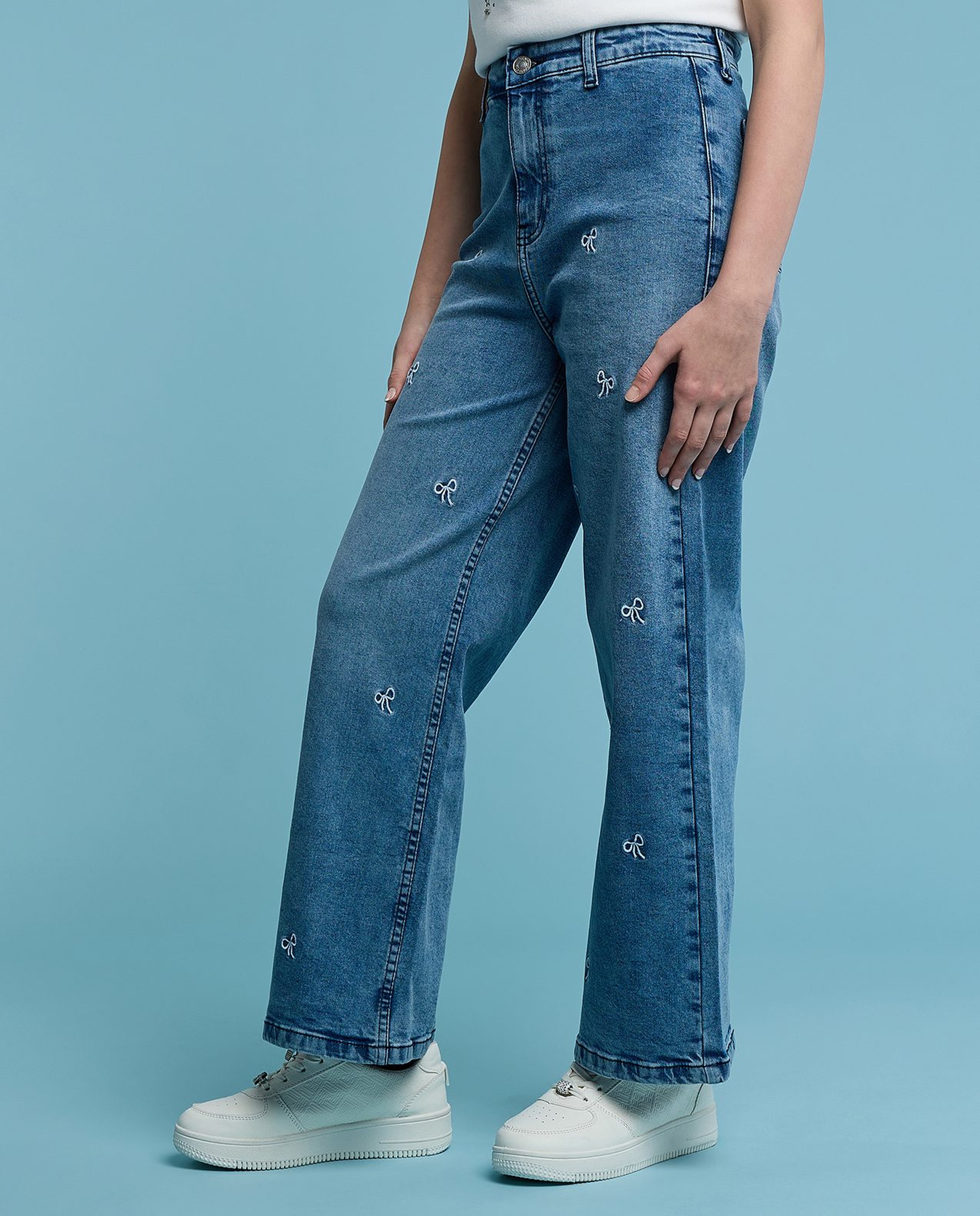 Embroidered Wide Leg Jeans with Button Closure