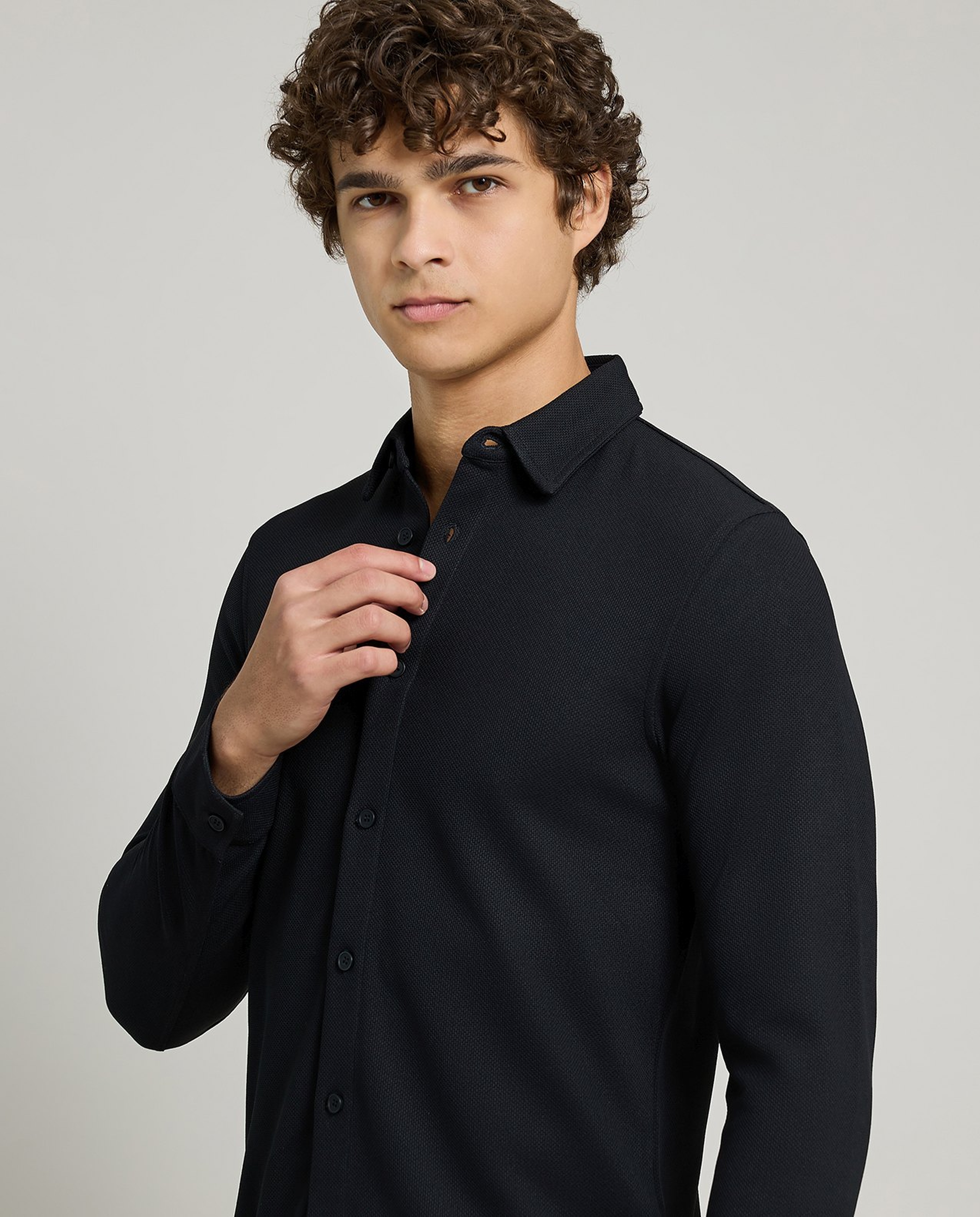 Solid Shirt with Classic Collar and Long Sleeves