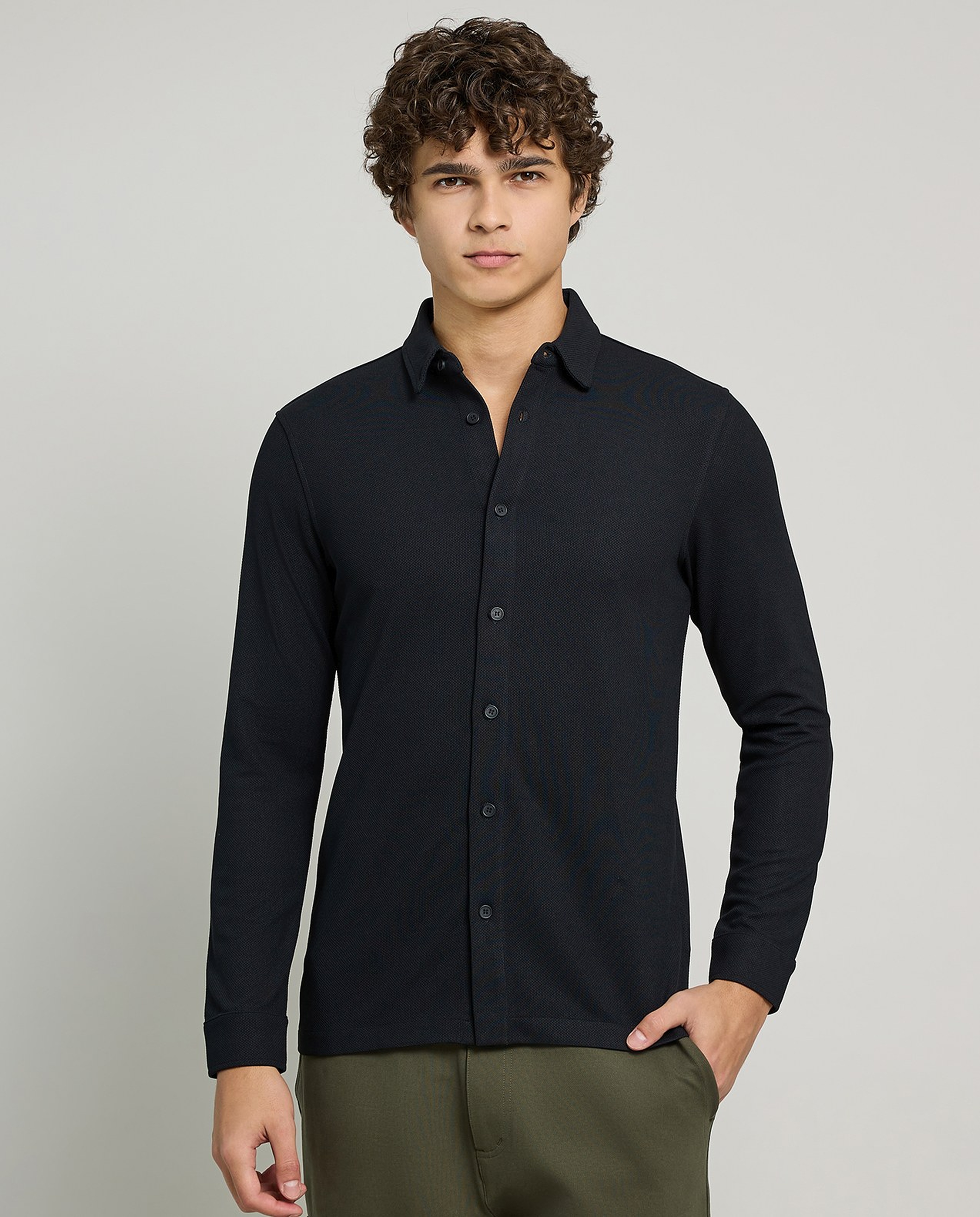 Solid Shirt with Classic Collar and Long Sleeves