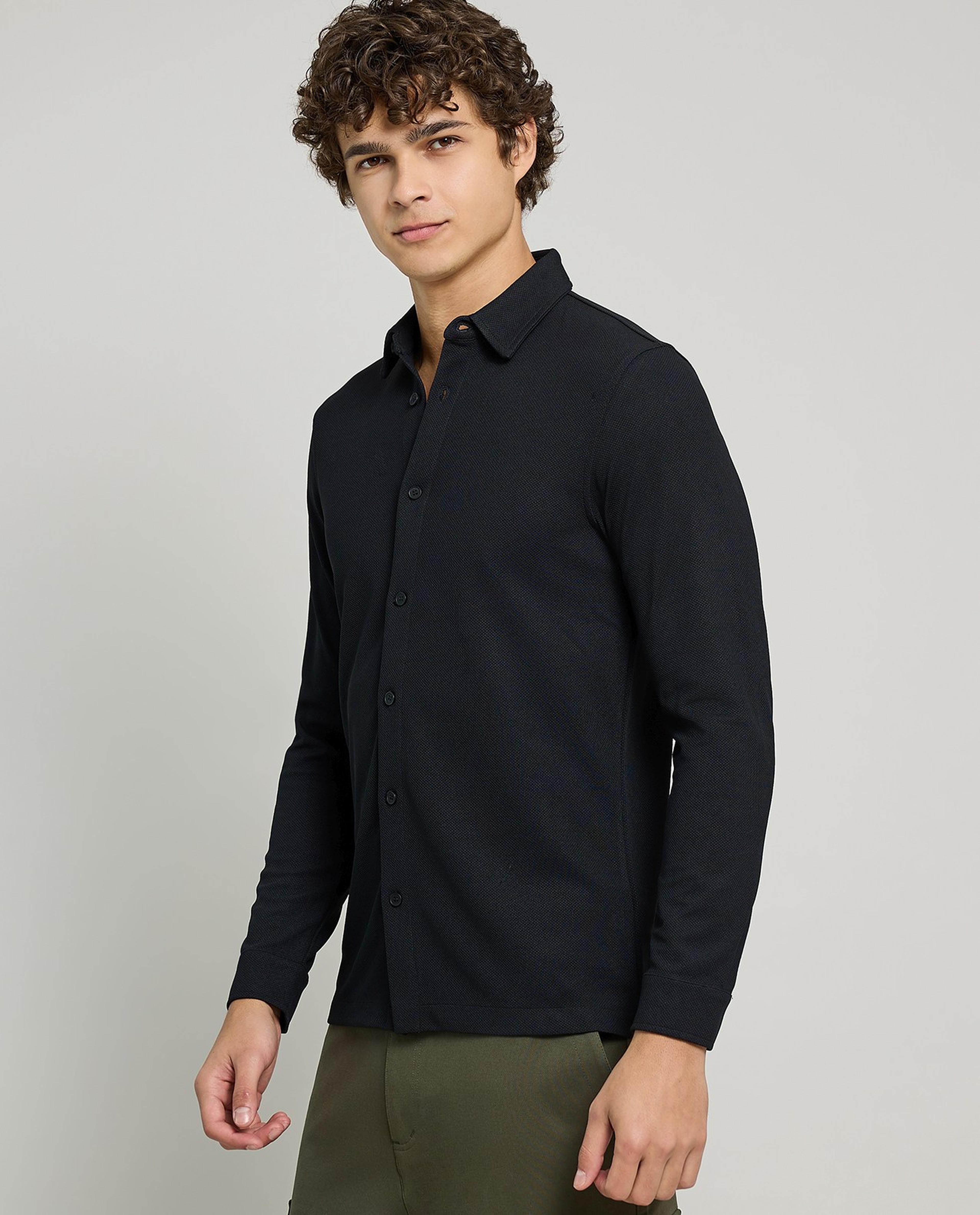Solid Shirt with Classic Collar and Long Sleeves