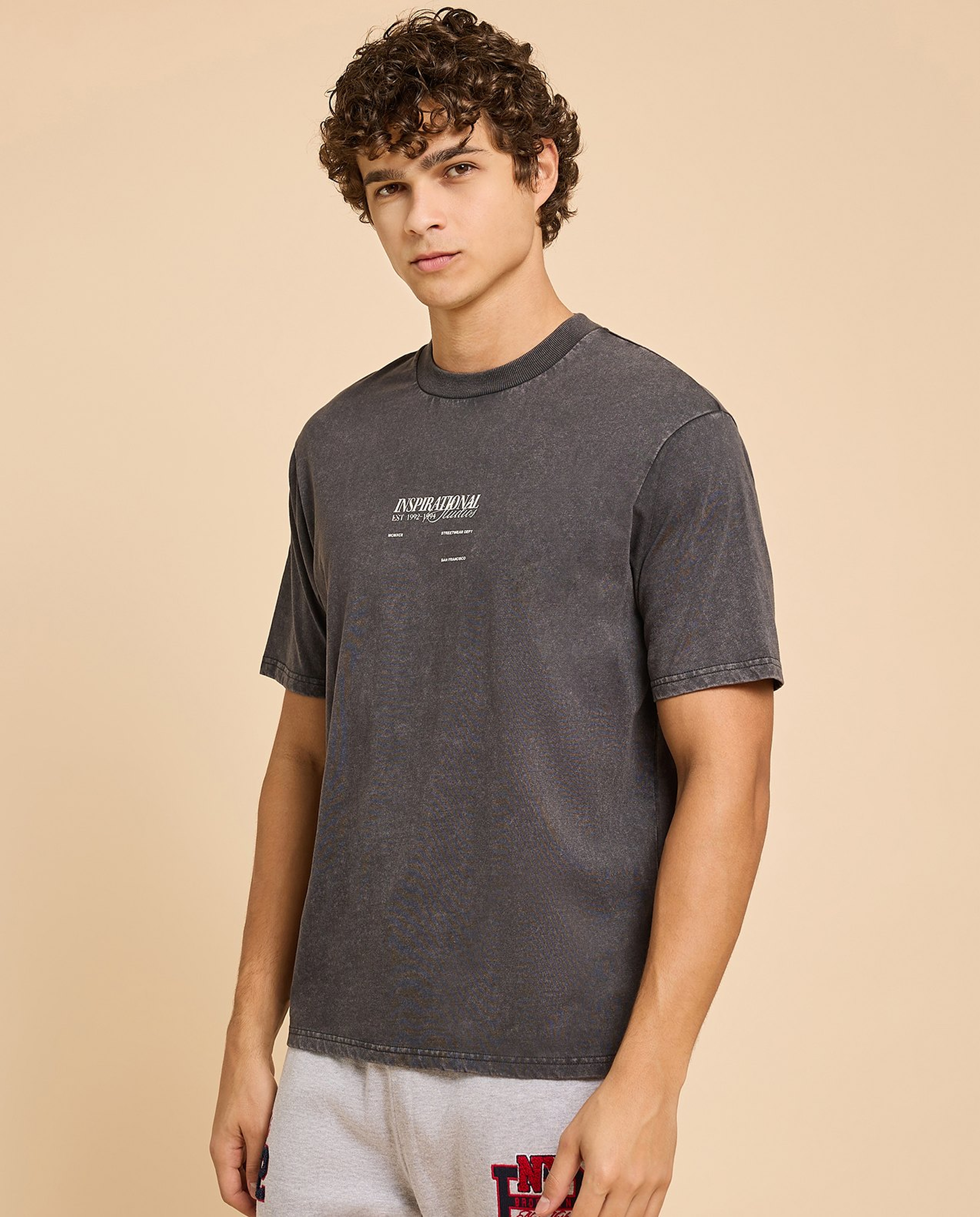 Typography Print T-Shirt with Crew Neck and Short Sleeves