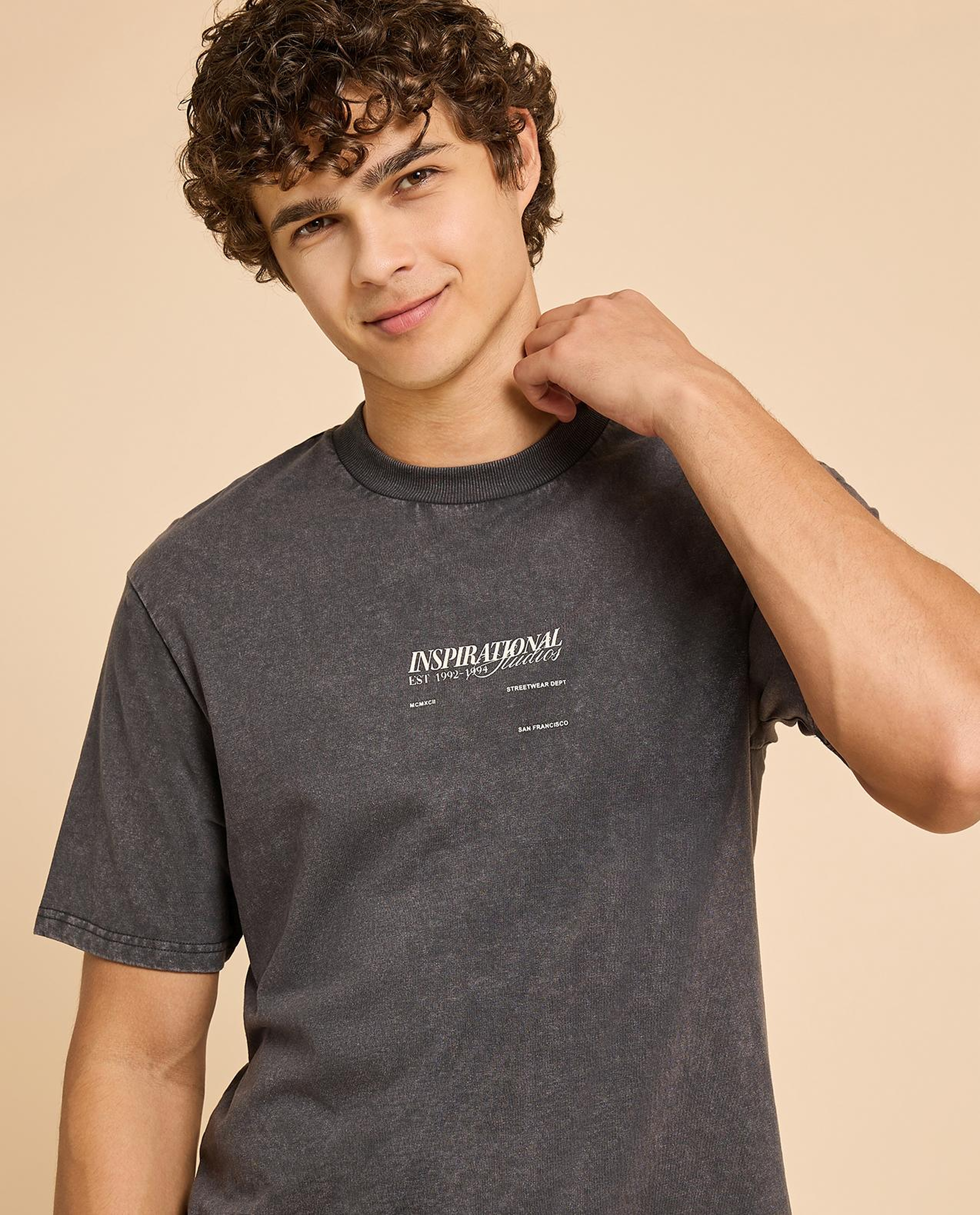 Typography Print T-Shirt with Crew Neck and Short Sleeves