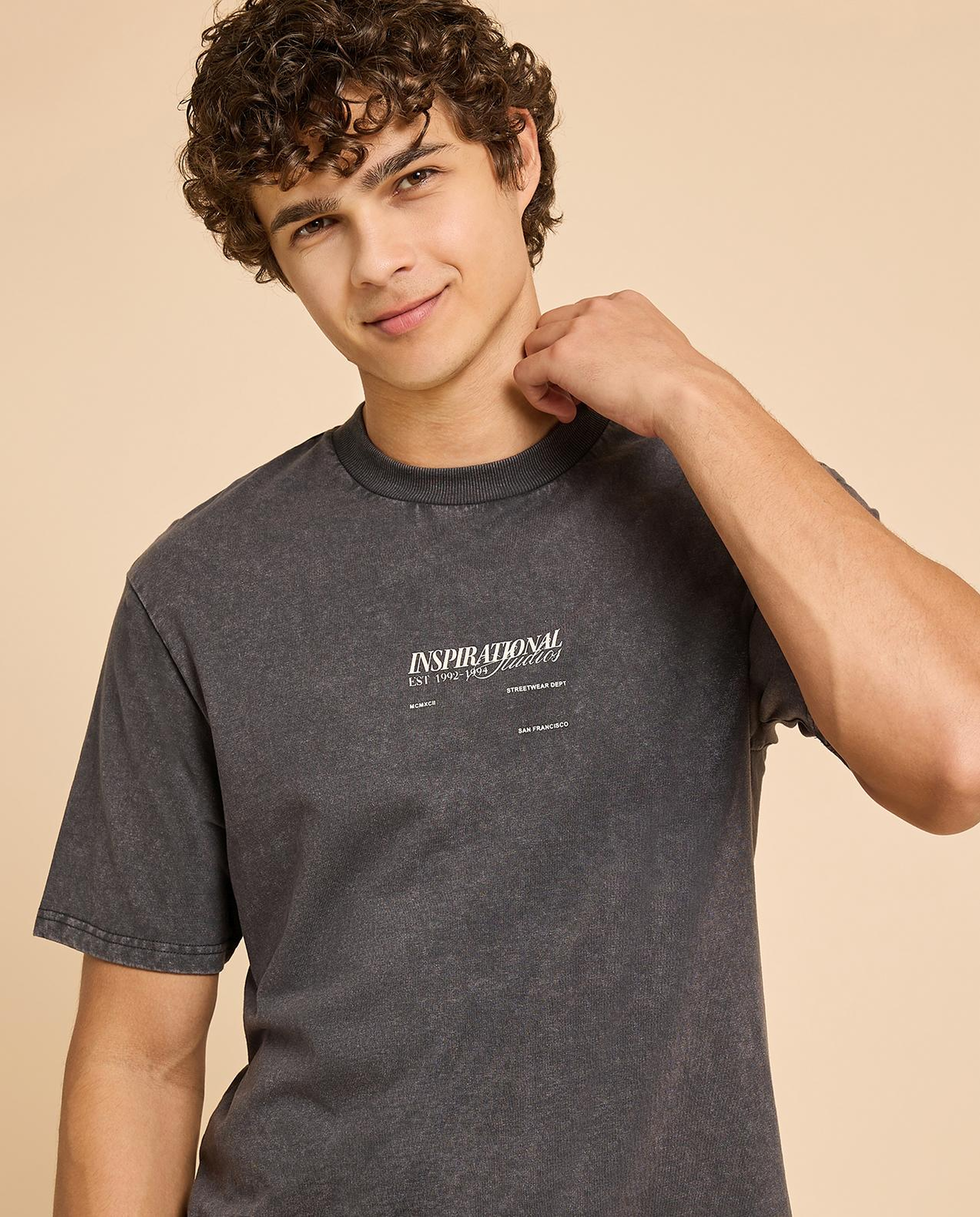 Typography Print T-Shirt with Crew Neck and Short Sleeves