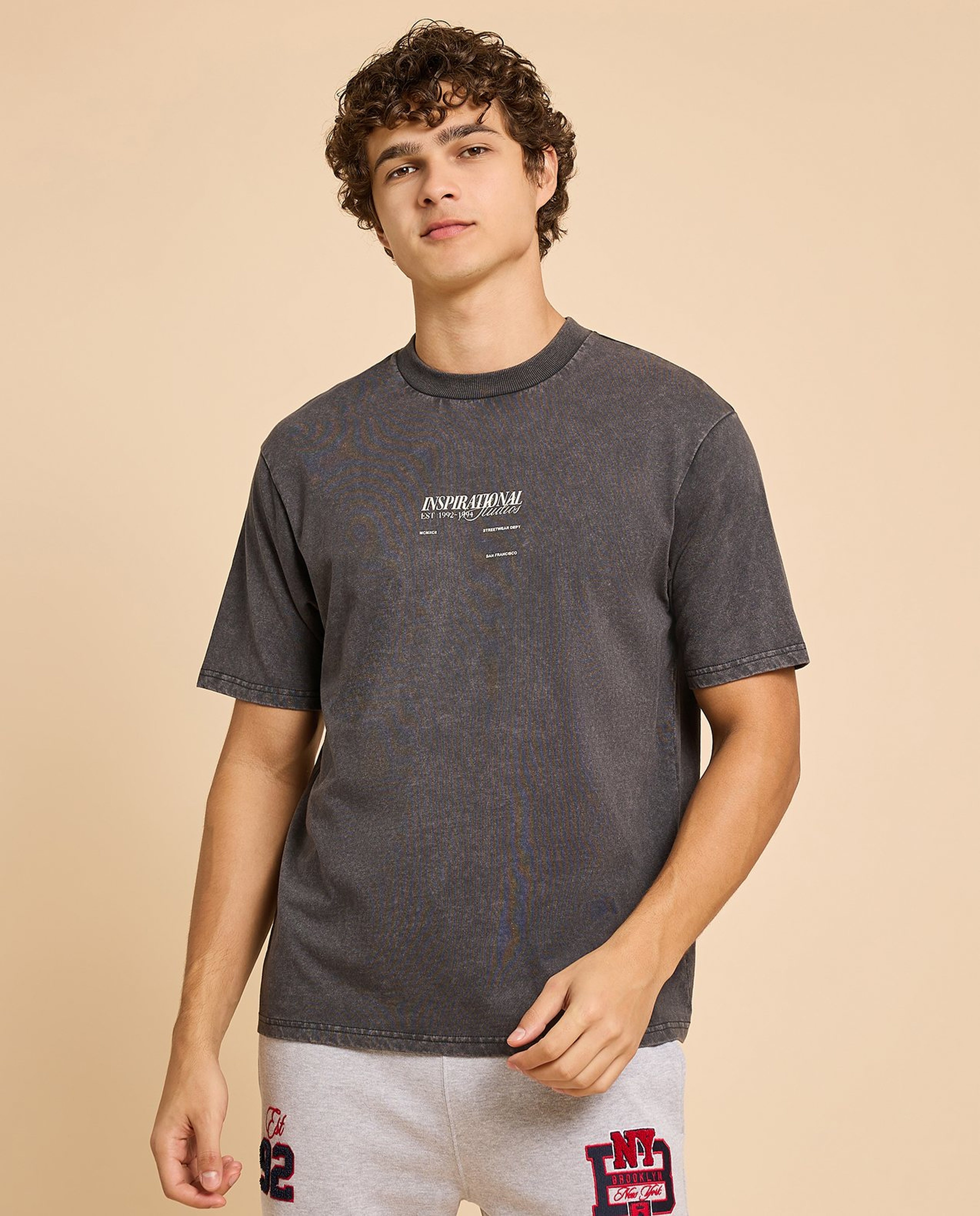 Typography Print T-Shirt with Crew Neck and Short Sleeves