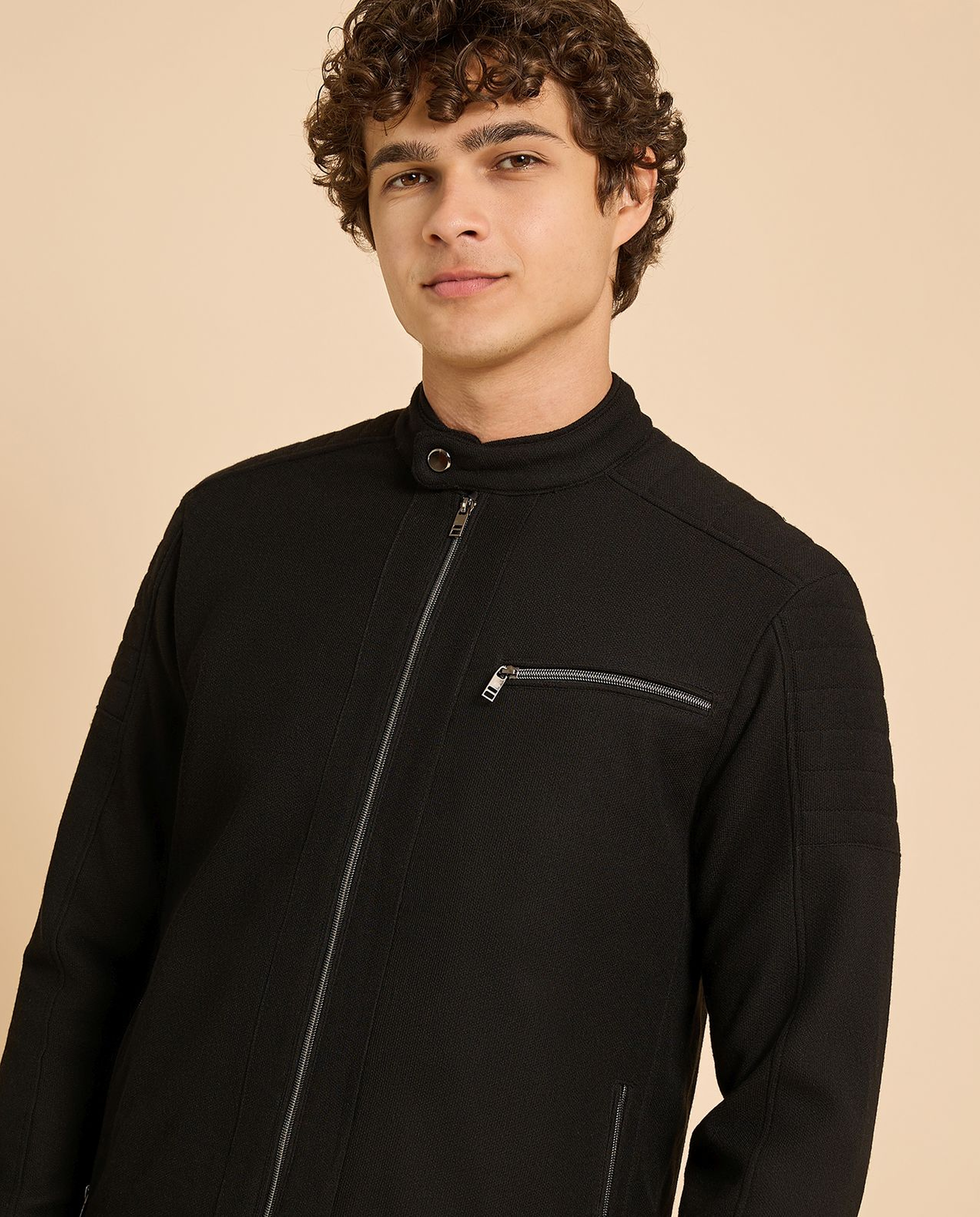 Textured Knit Jacket with Zipper Closure