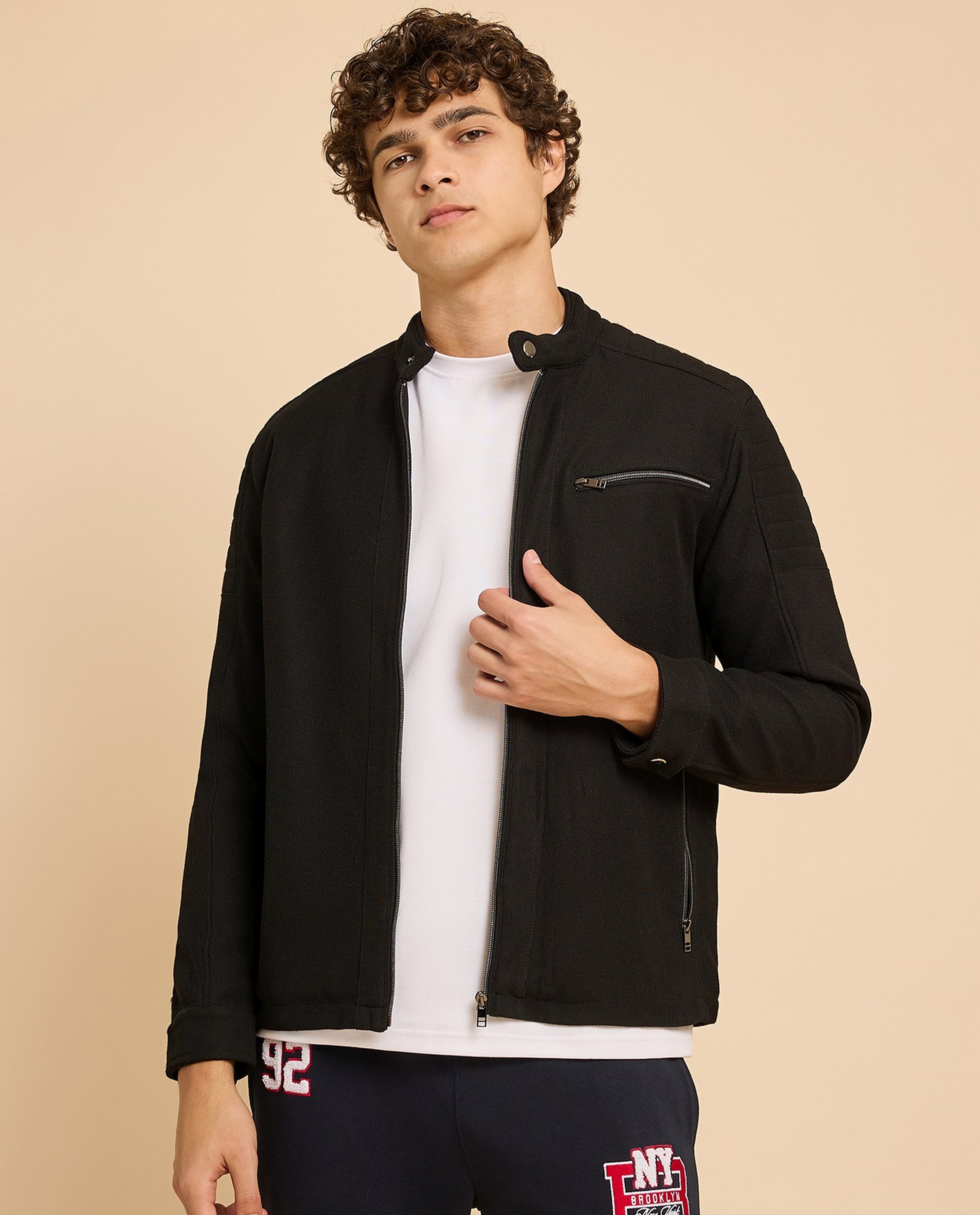 Textured Knit Jacket with Zipper Closure