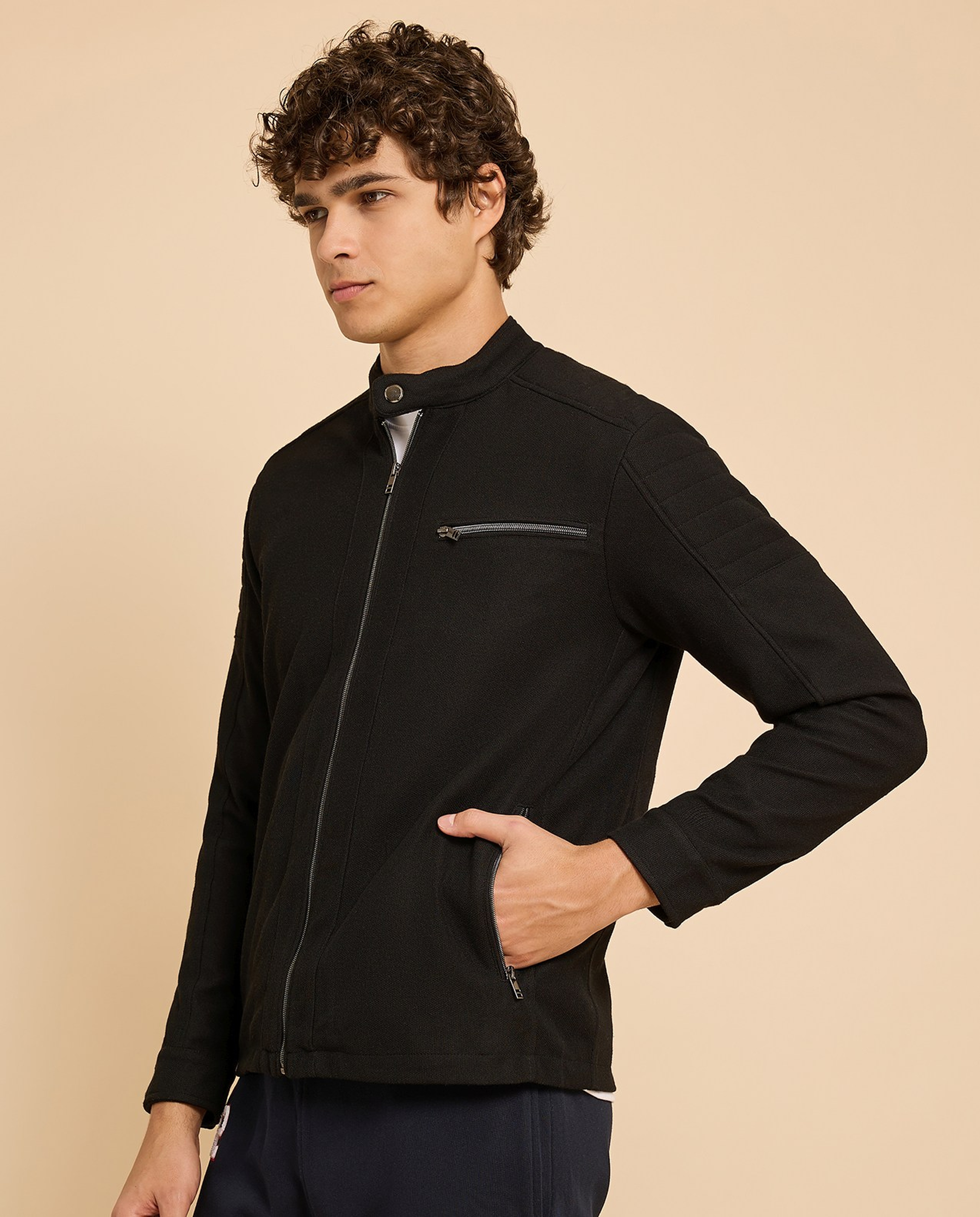 Textured Knit Jacket with Zipper Closure