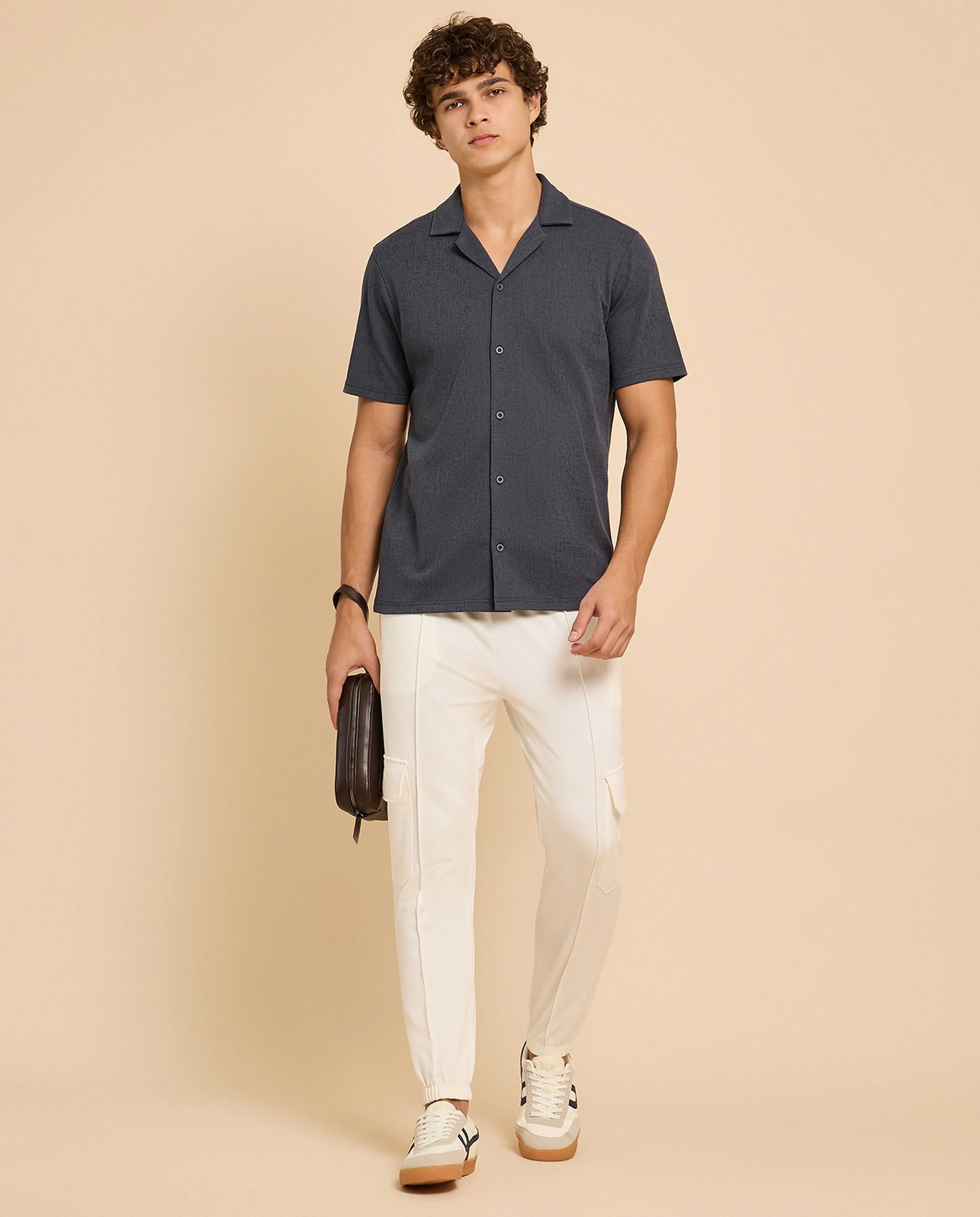 Textured Shirt with Revere Collar and Short Sleeves