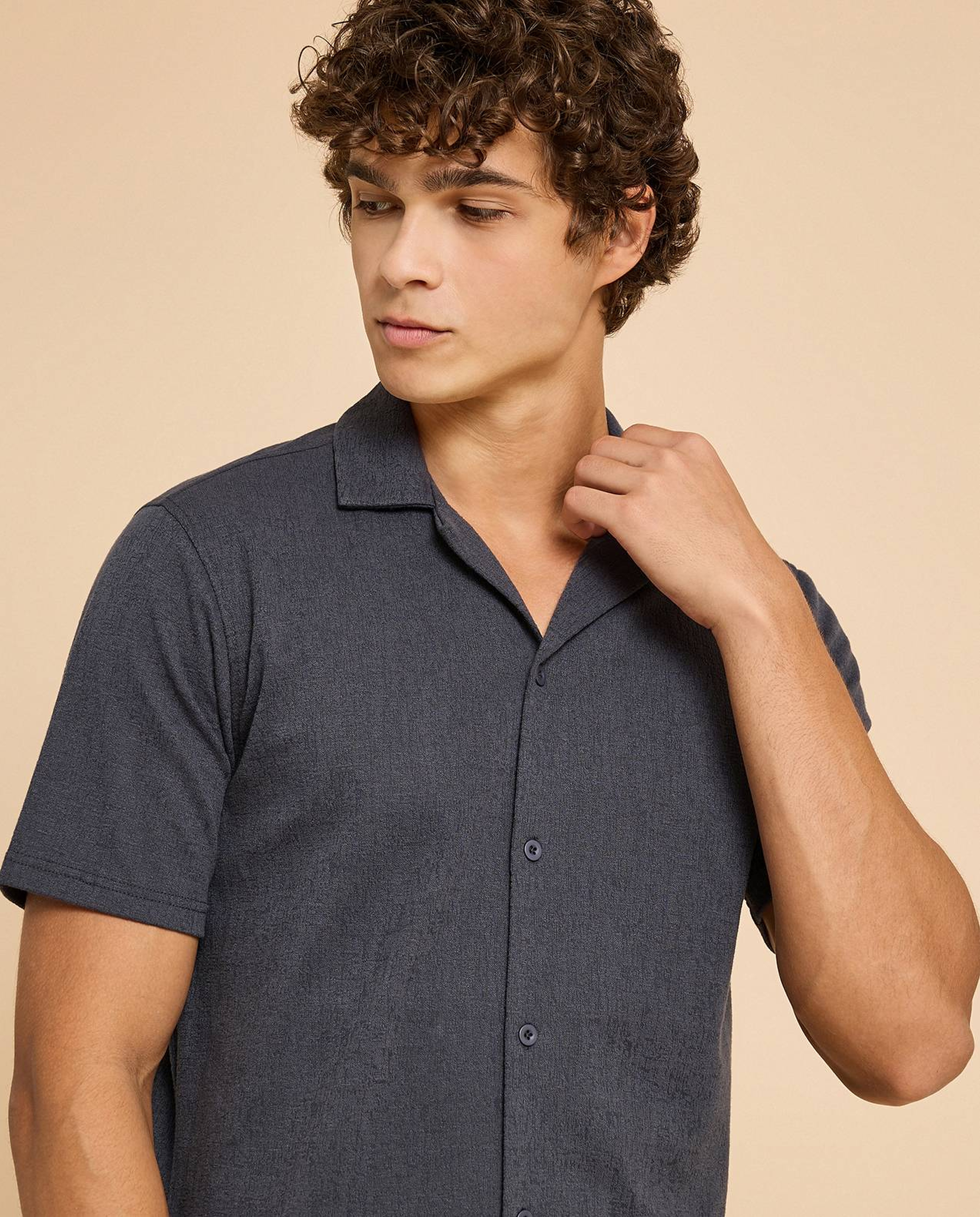 Textured Shirt with Revere Collar and Short Sleeves