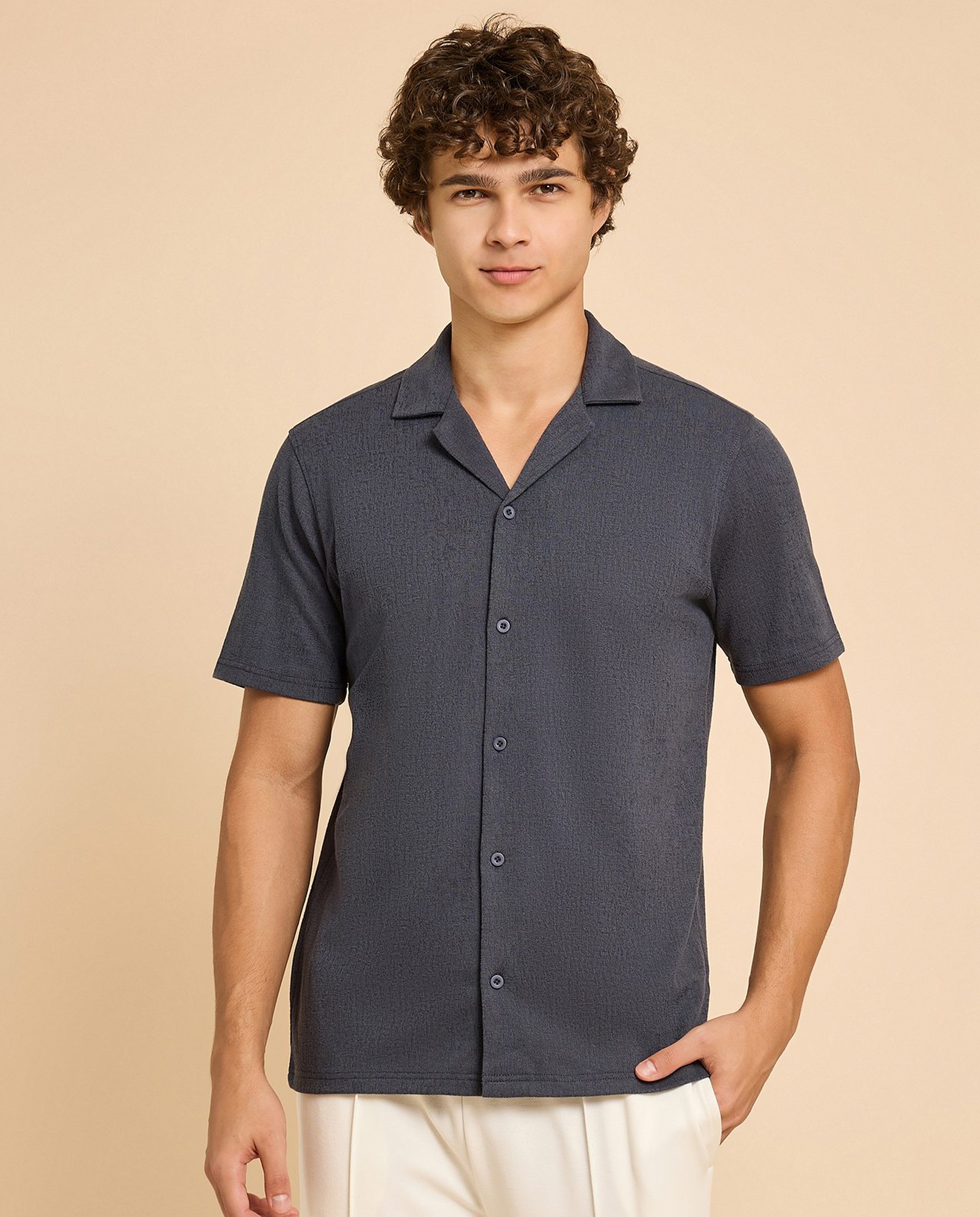 Textured Shirt with Revere Collar and Short Sleeves