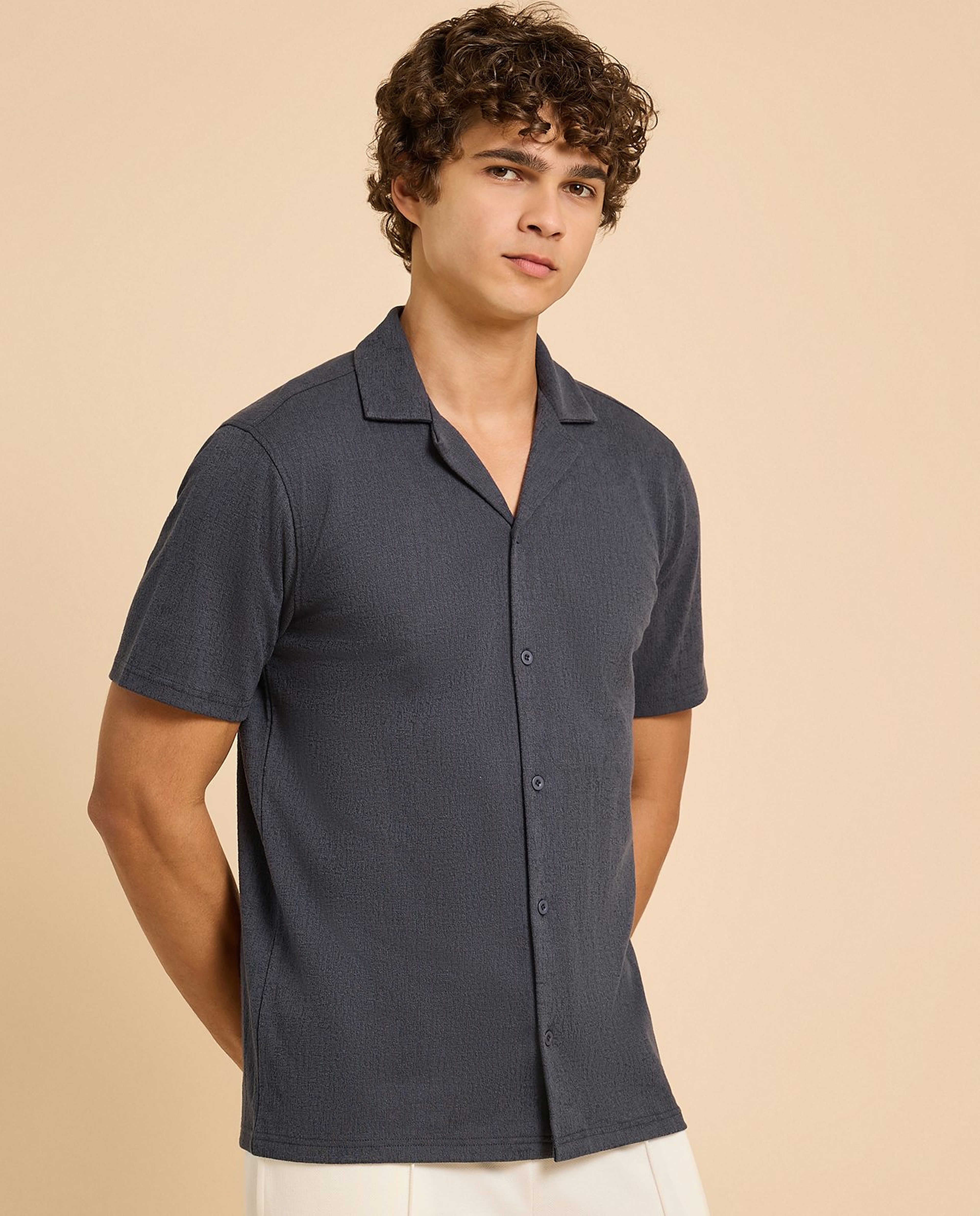 Textured Shirt with Revere Collar and Short Sleeves