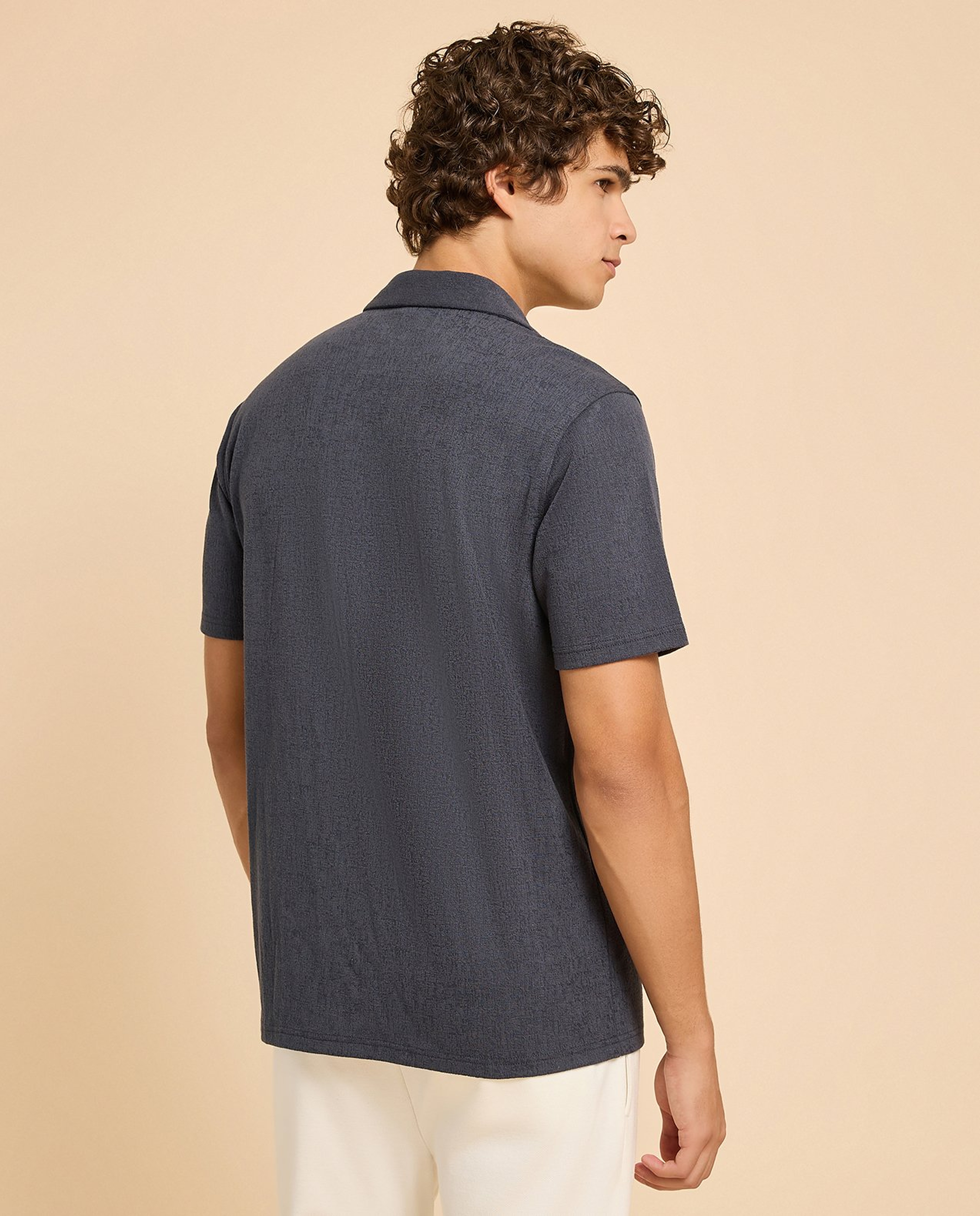Textured Shirt with Revere Collar and Short Sleeves