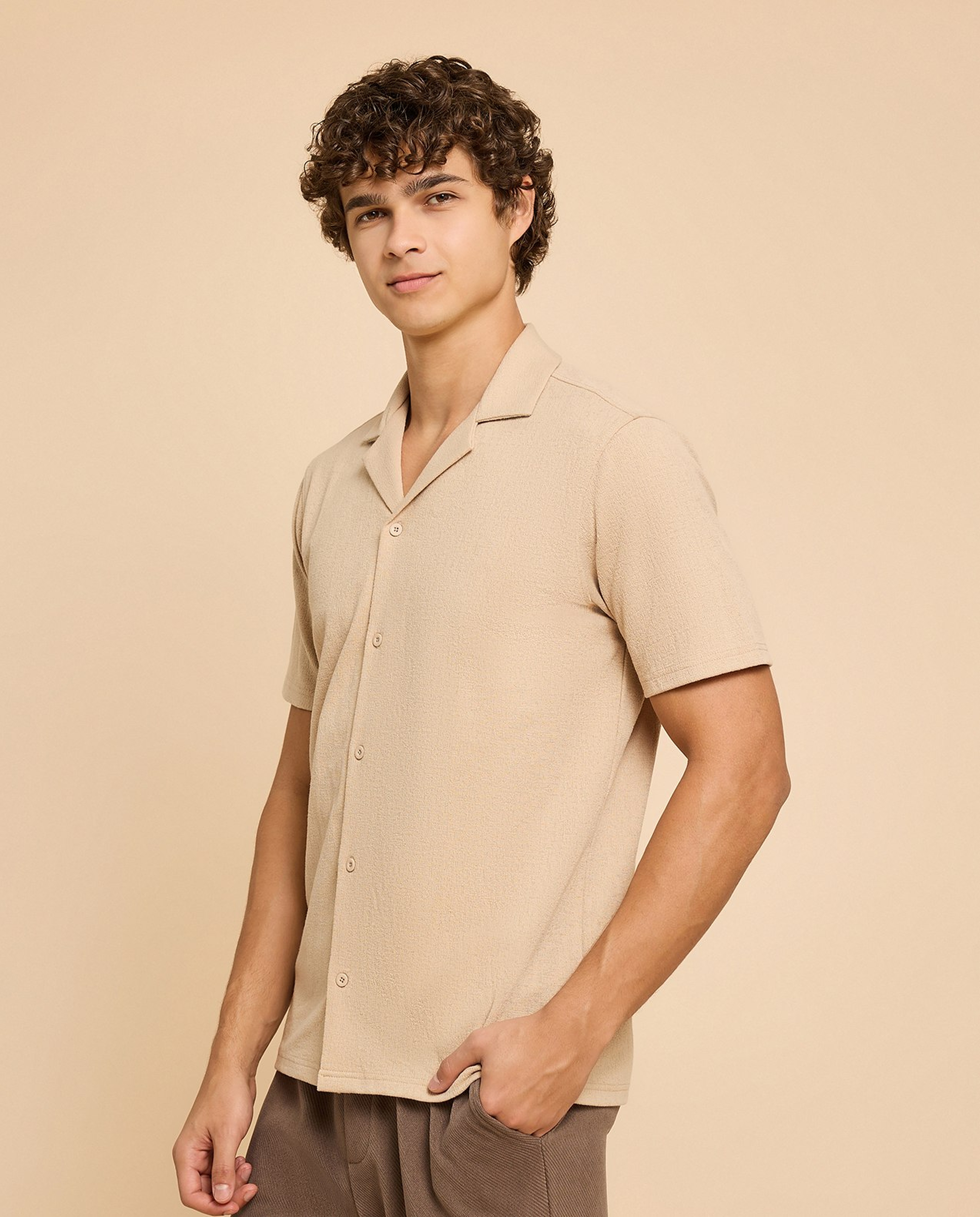 Textured Shirt with Revere Collar and Short Sleeves