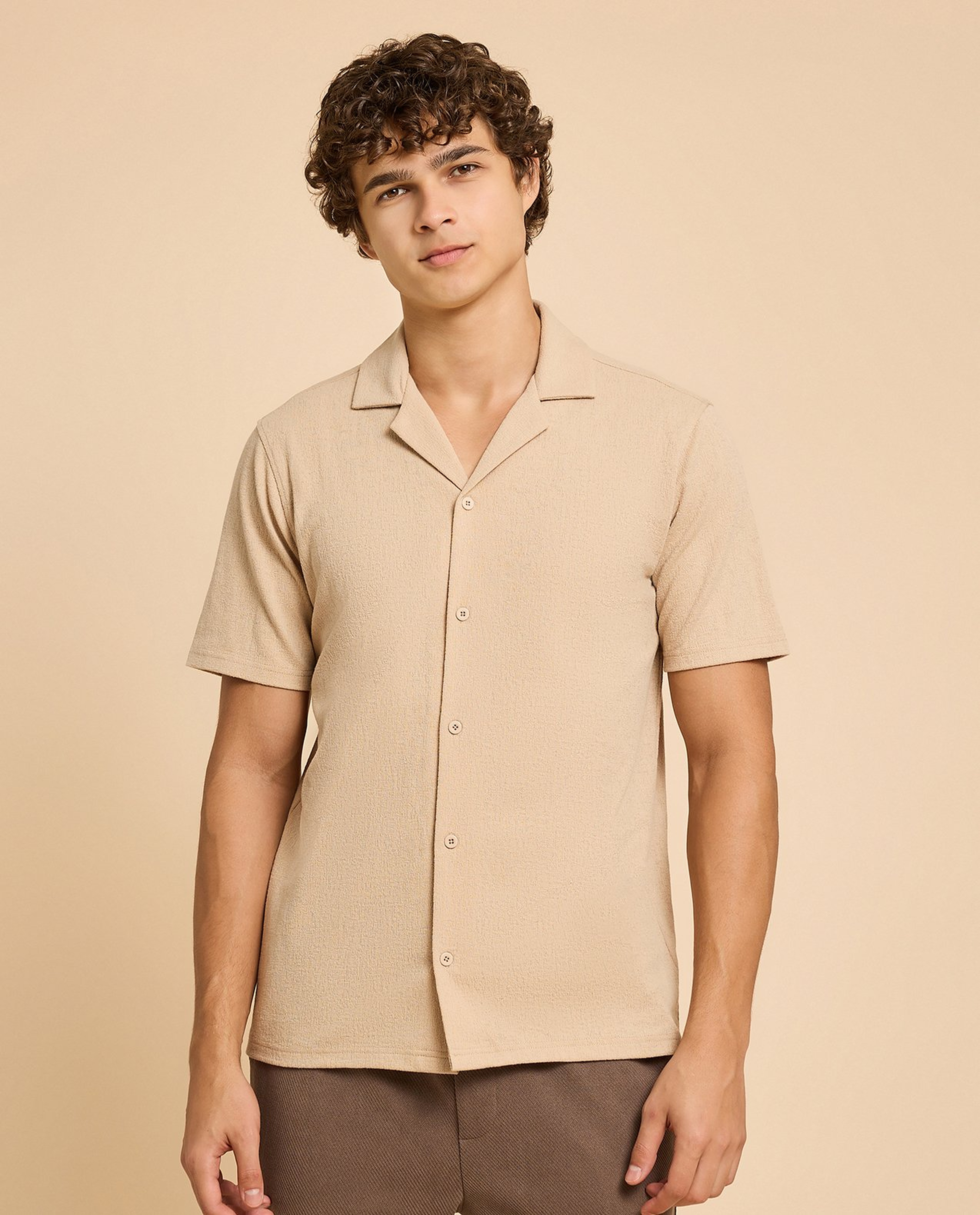Textured Shirt with Revere Collar and Short Sleeves