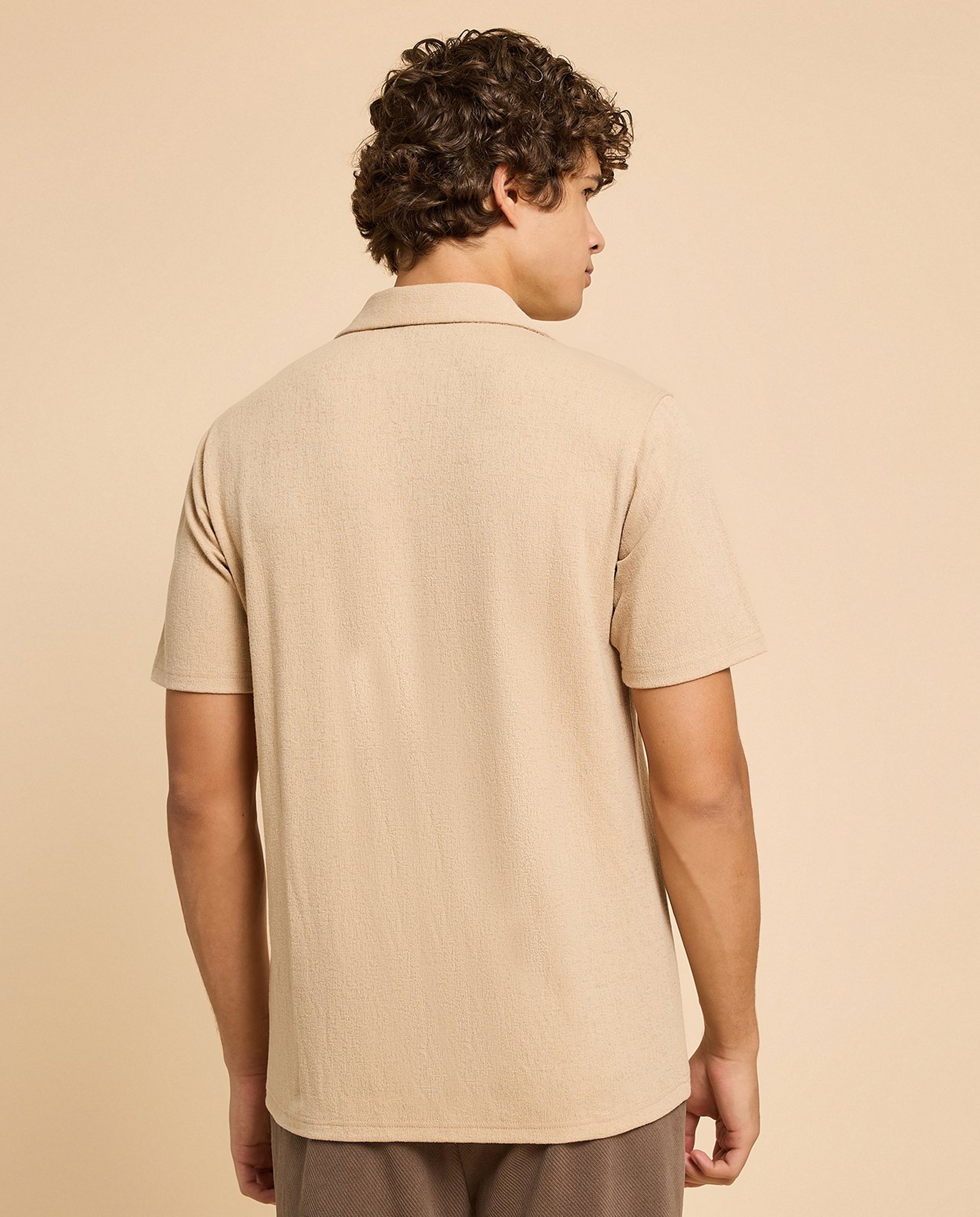 Textured Shirt with Revere Collar and Short Sleeves