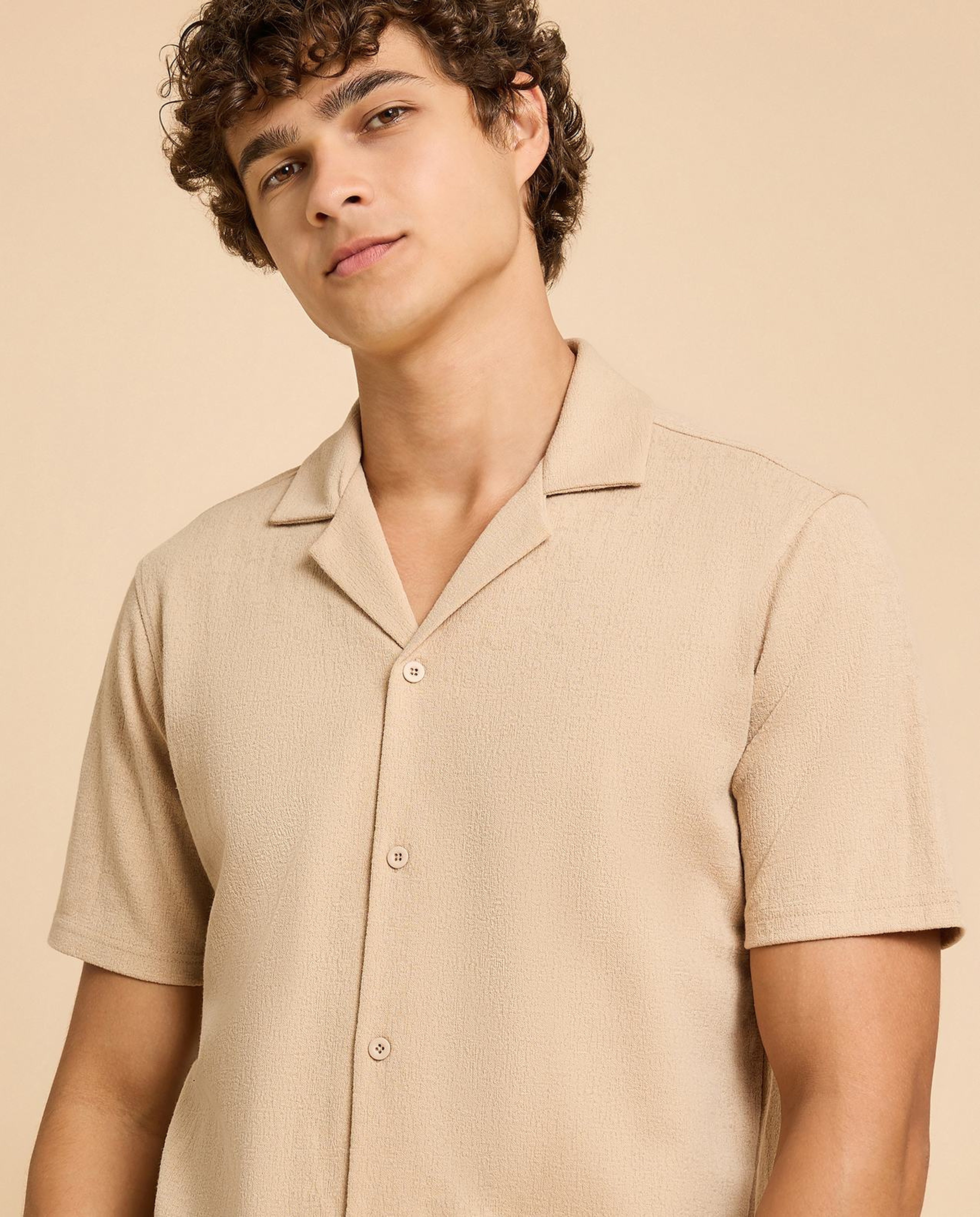 Textured Shirt with Revere Collar and Short Sleeves
