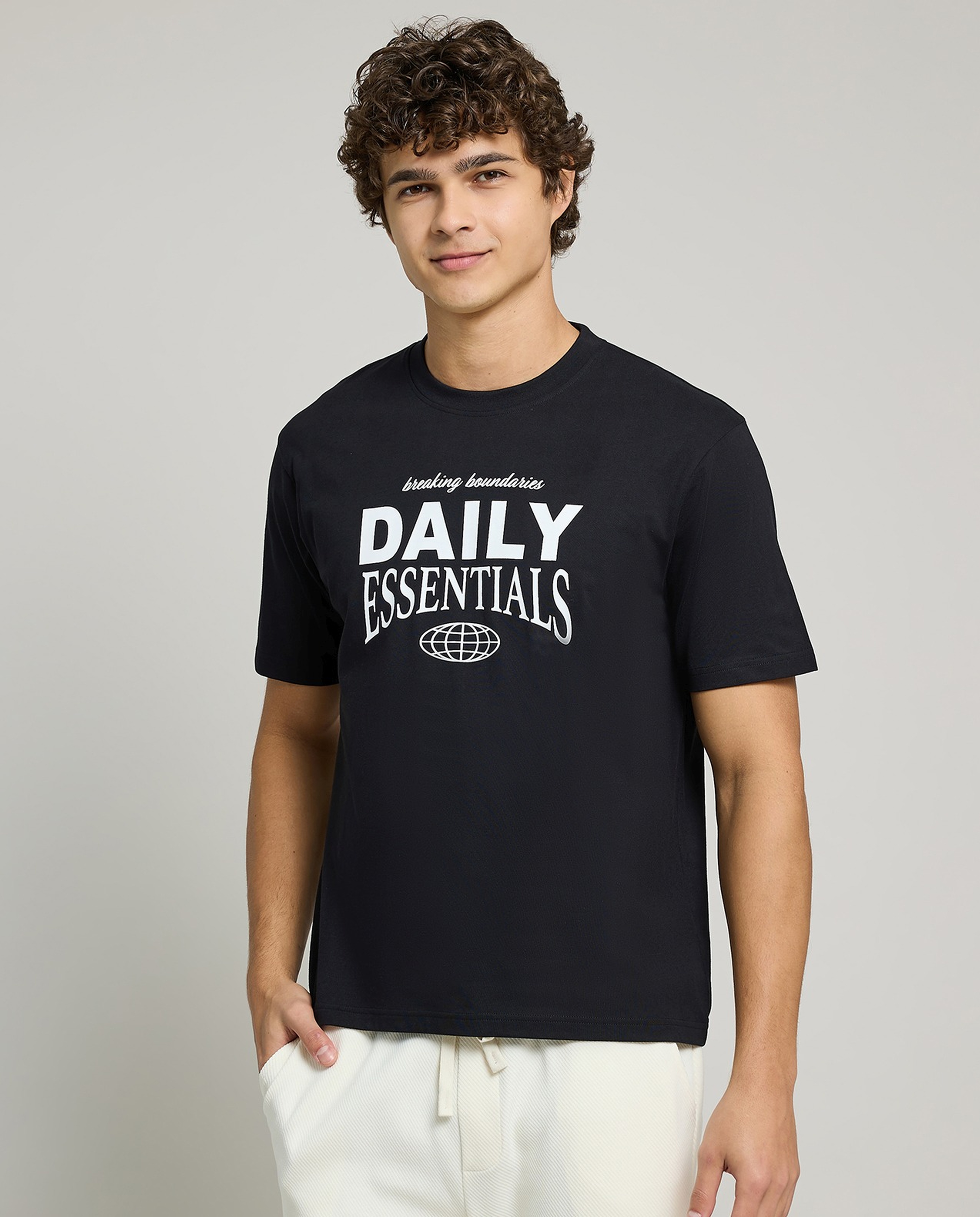 Typography Print T-Shirt with Crew Neck and Short Sleeves