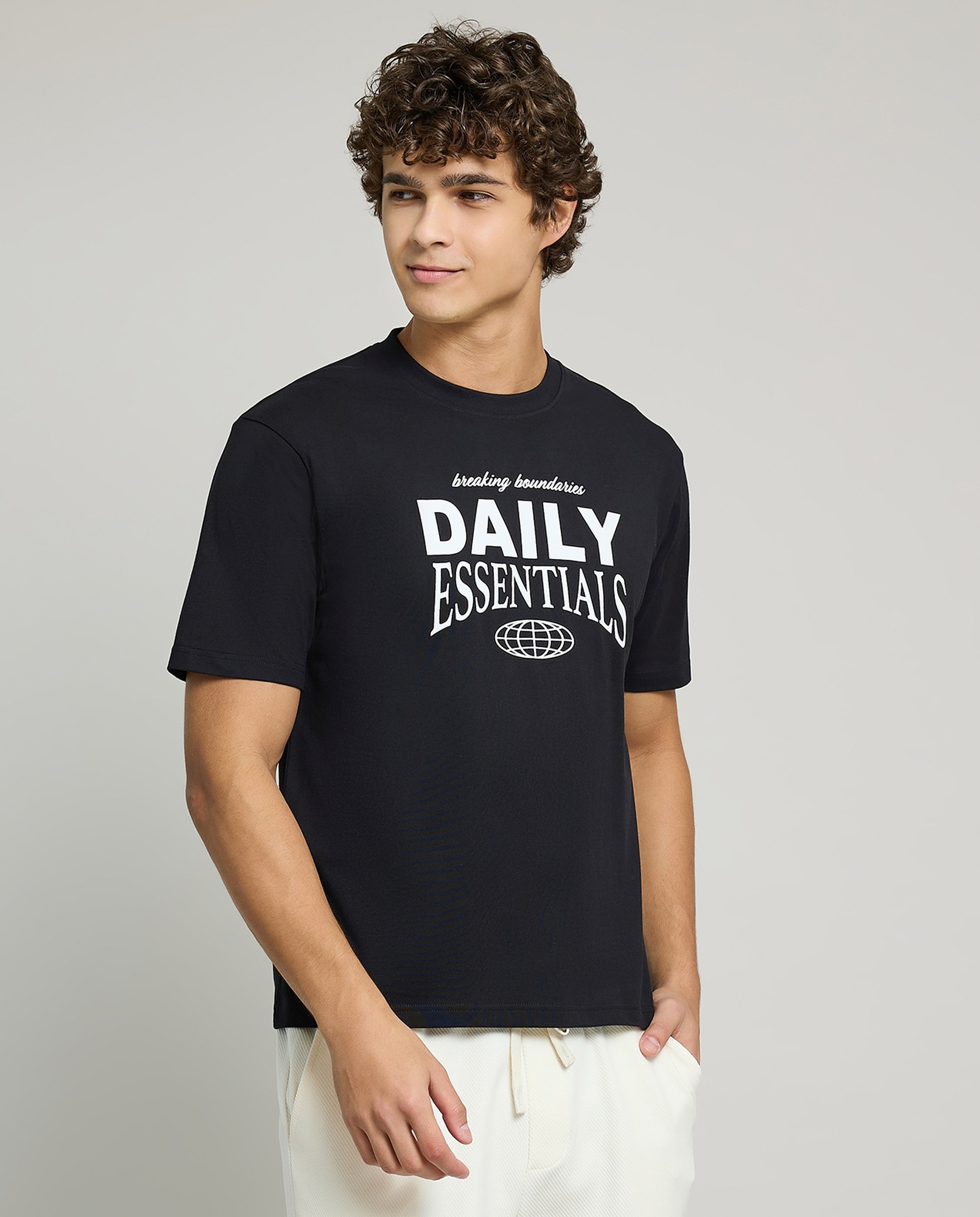 Typography Print T-Shirt with Crew Neck and Short Sleeves