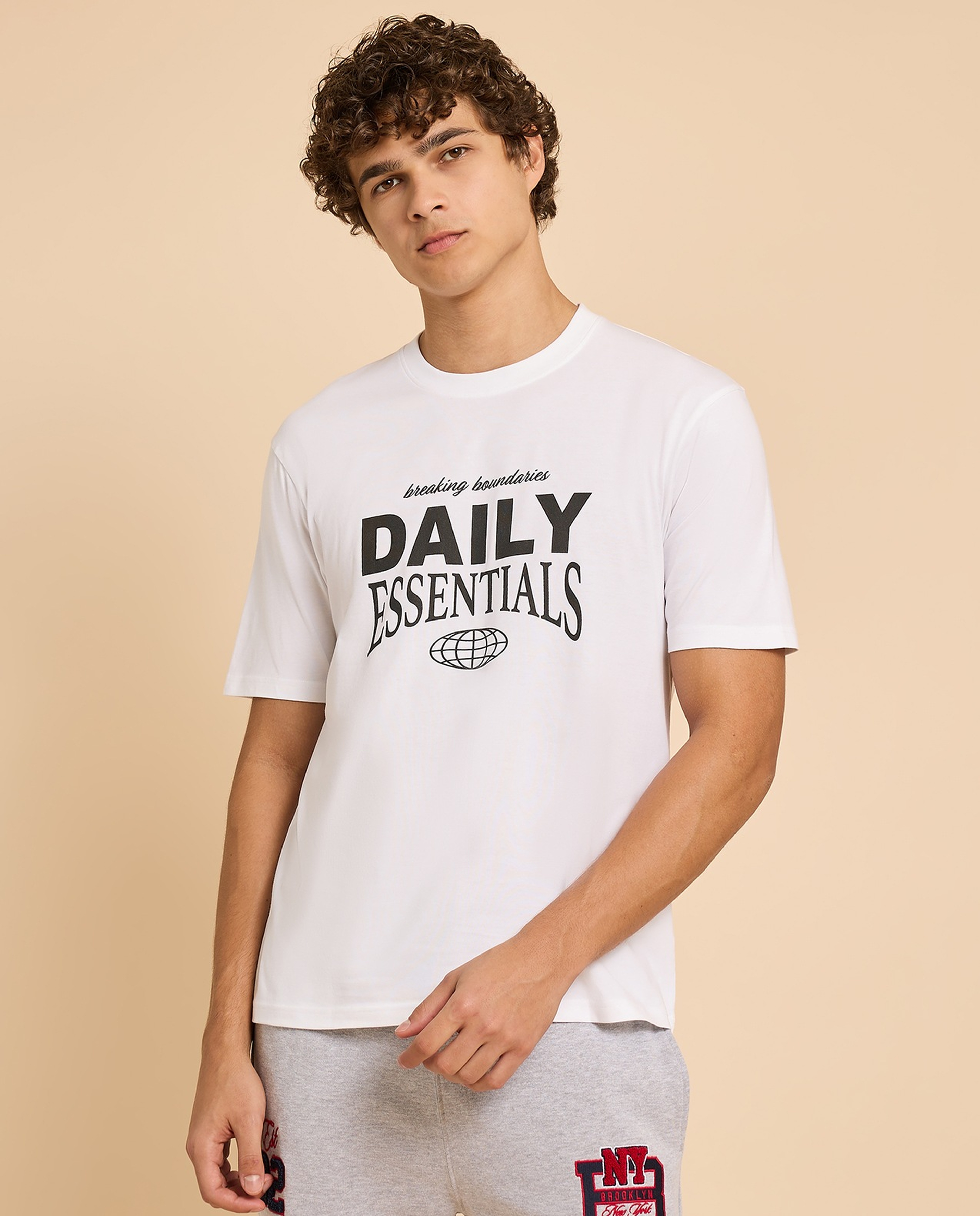Typography Print T-Shirt with Crew Neck and Short Sleeves