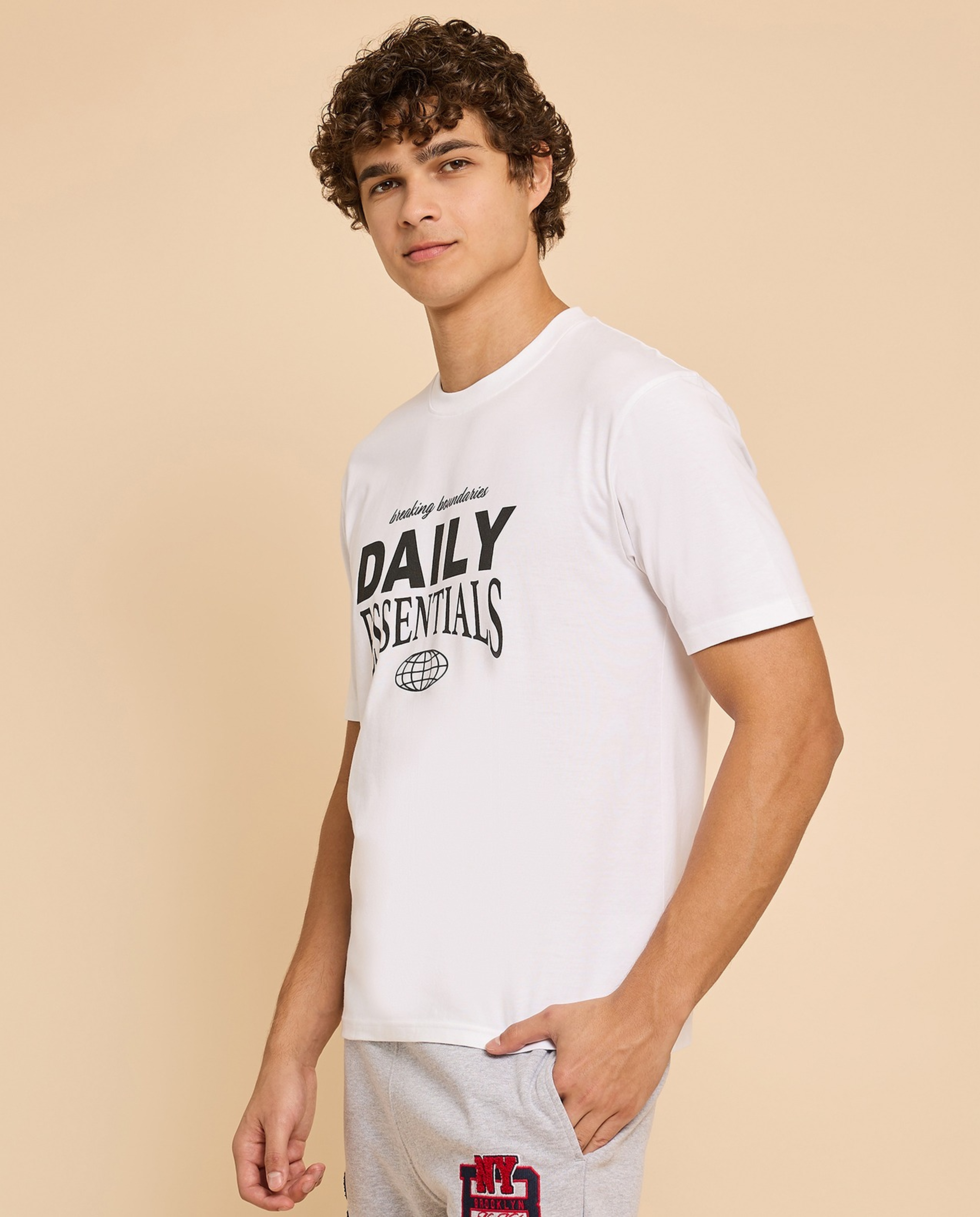 Typography Print T-Shirt with Crew Neck and Short Sleeves