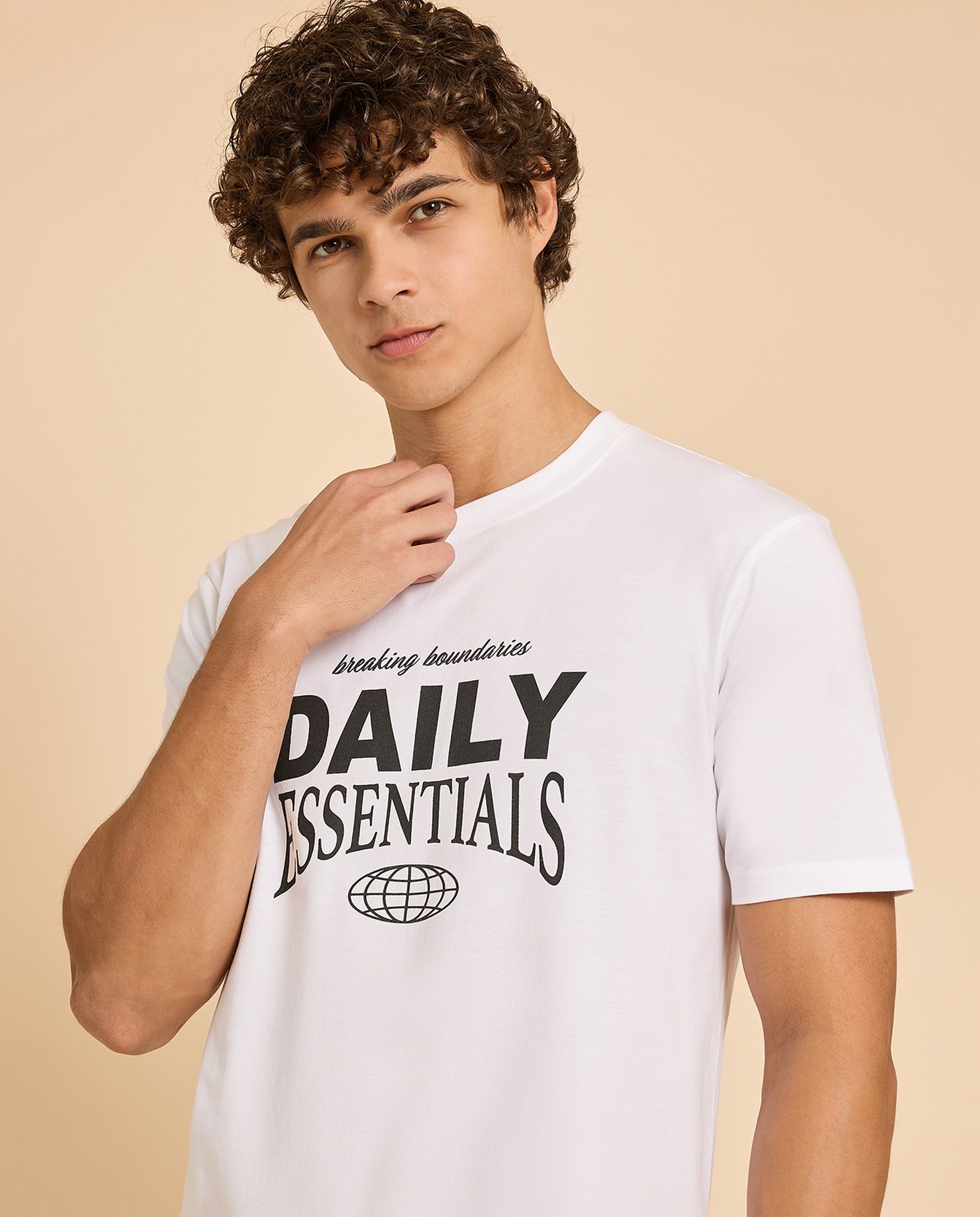 Typography Print T-Shirt with Crew Neck and Short Sleeves