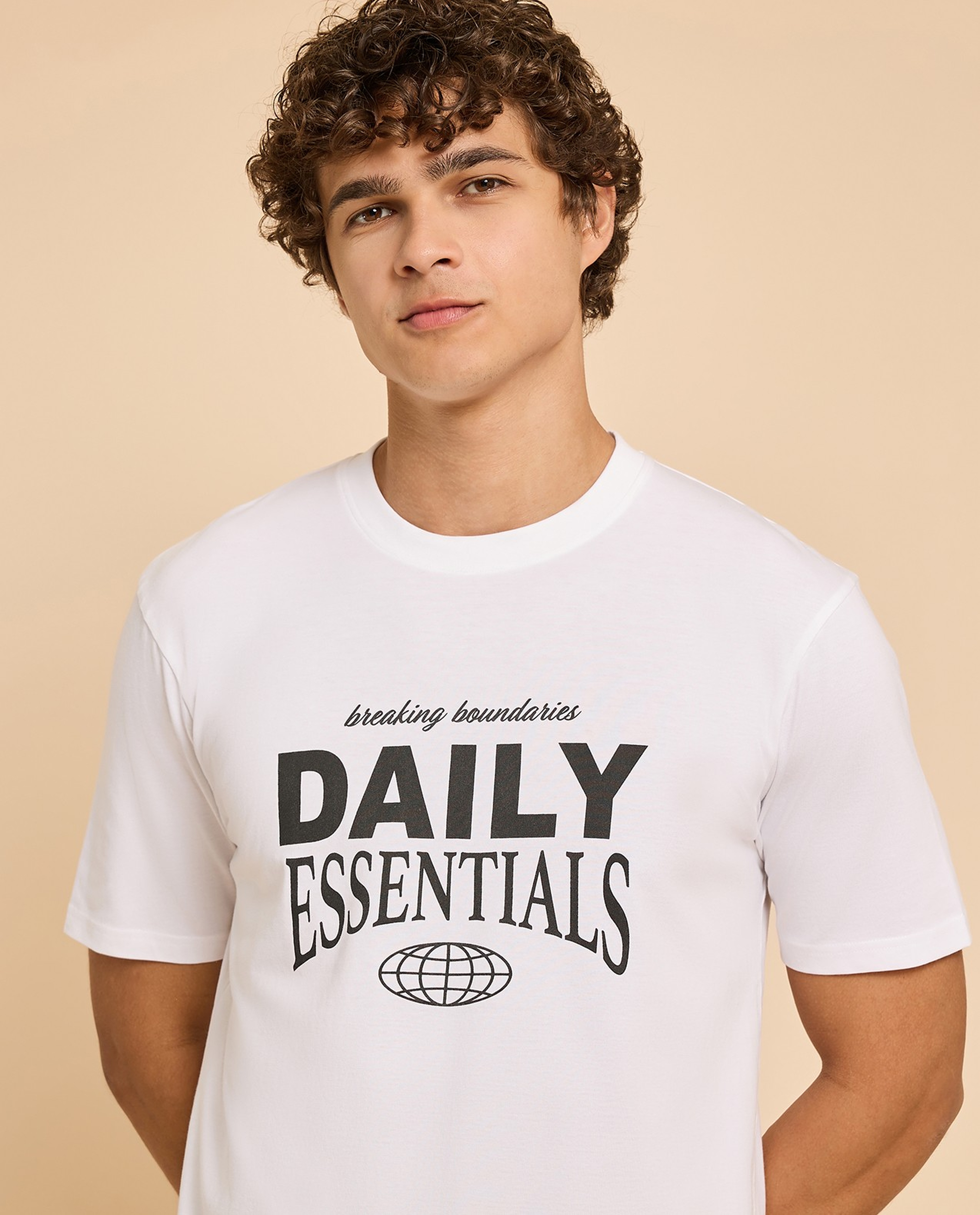 Typography Print T-Shirt with Crew Neck and Short Sleeves