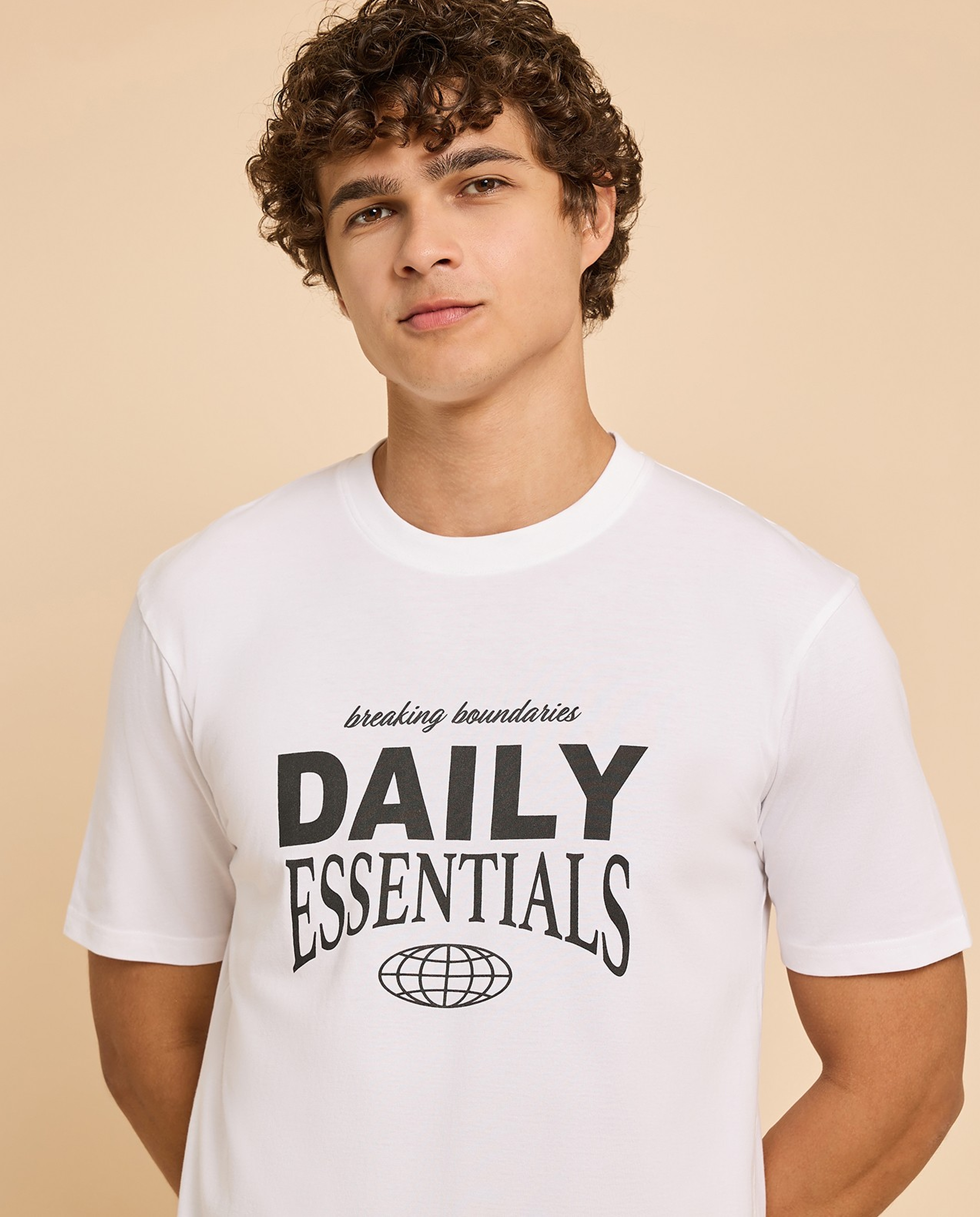 Typography Print T-Shirt with Crew Neck and Short Sleeves