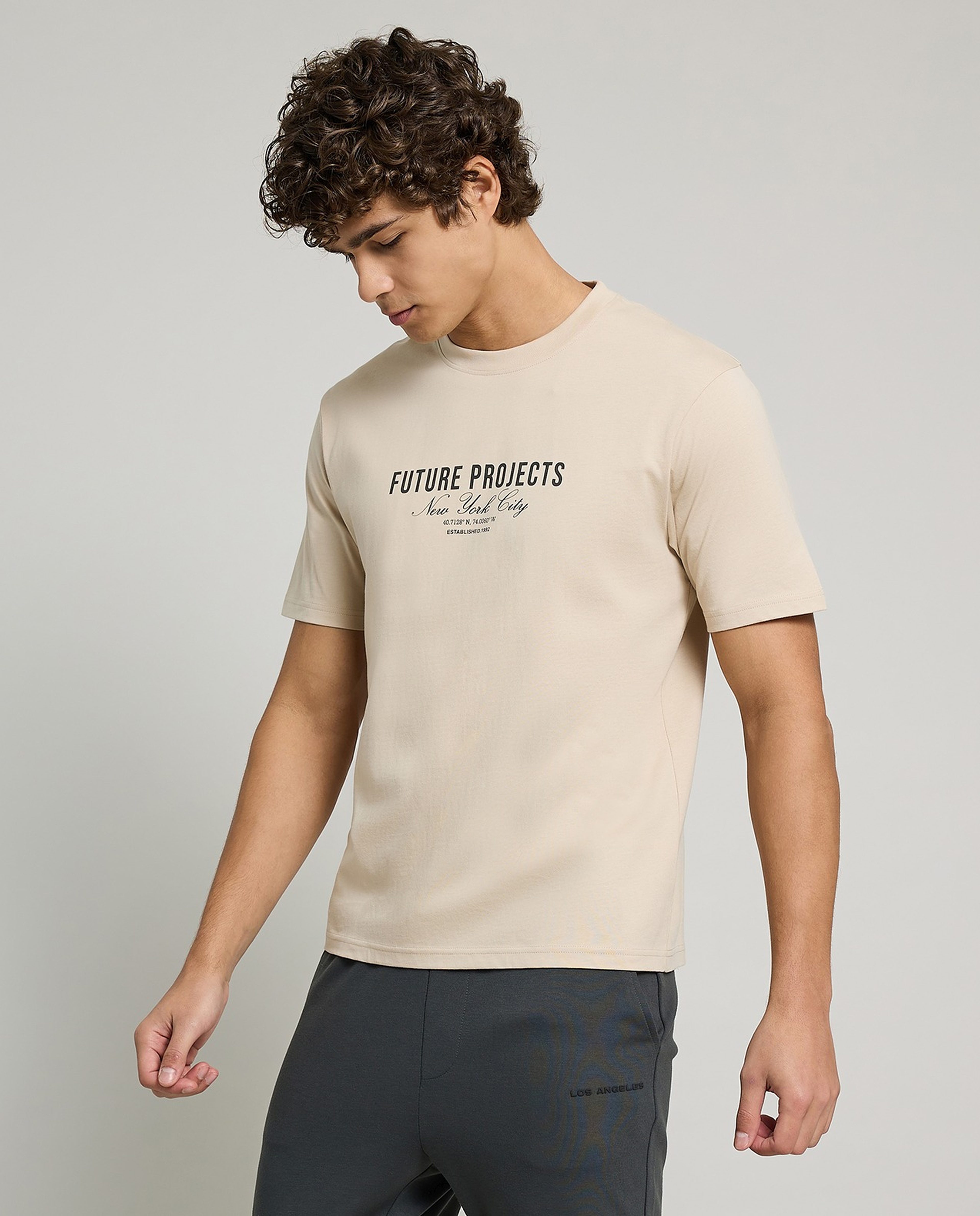 Typography Print T-Shirt with Crew Neck and Short Sleeves