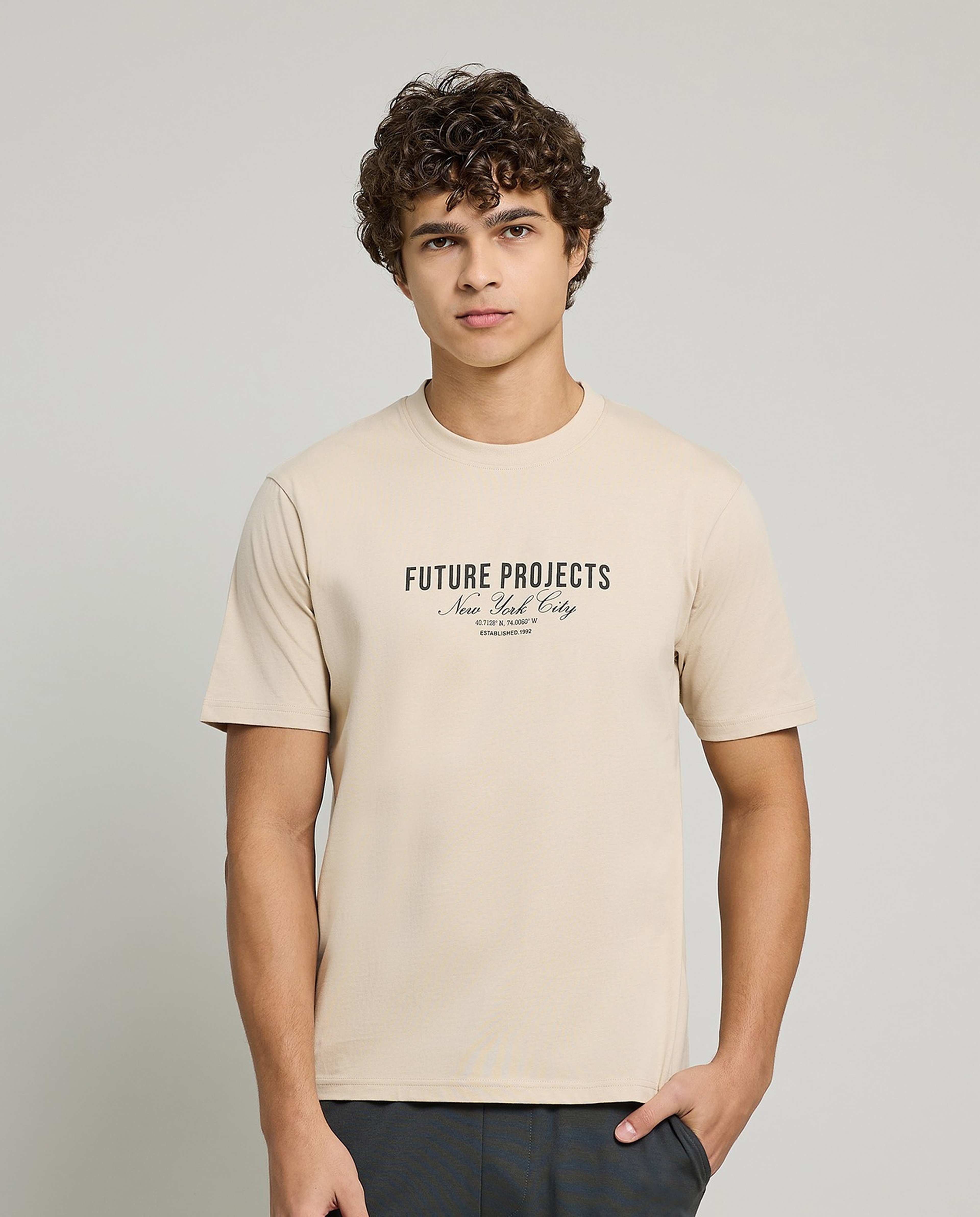 Typography Print T-Shirt with Crew Neck and Short Sleeves