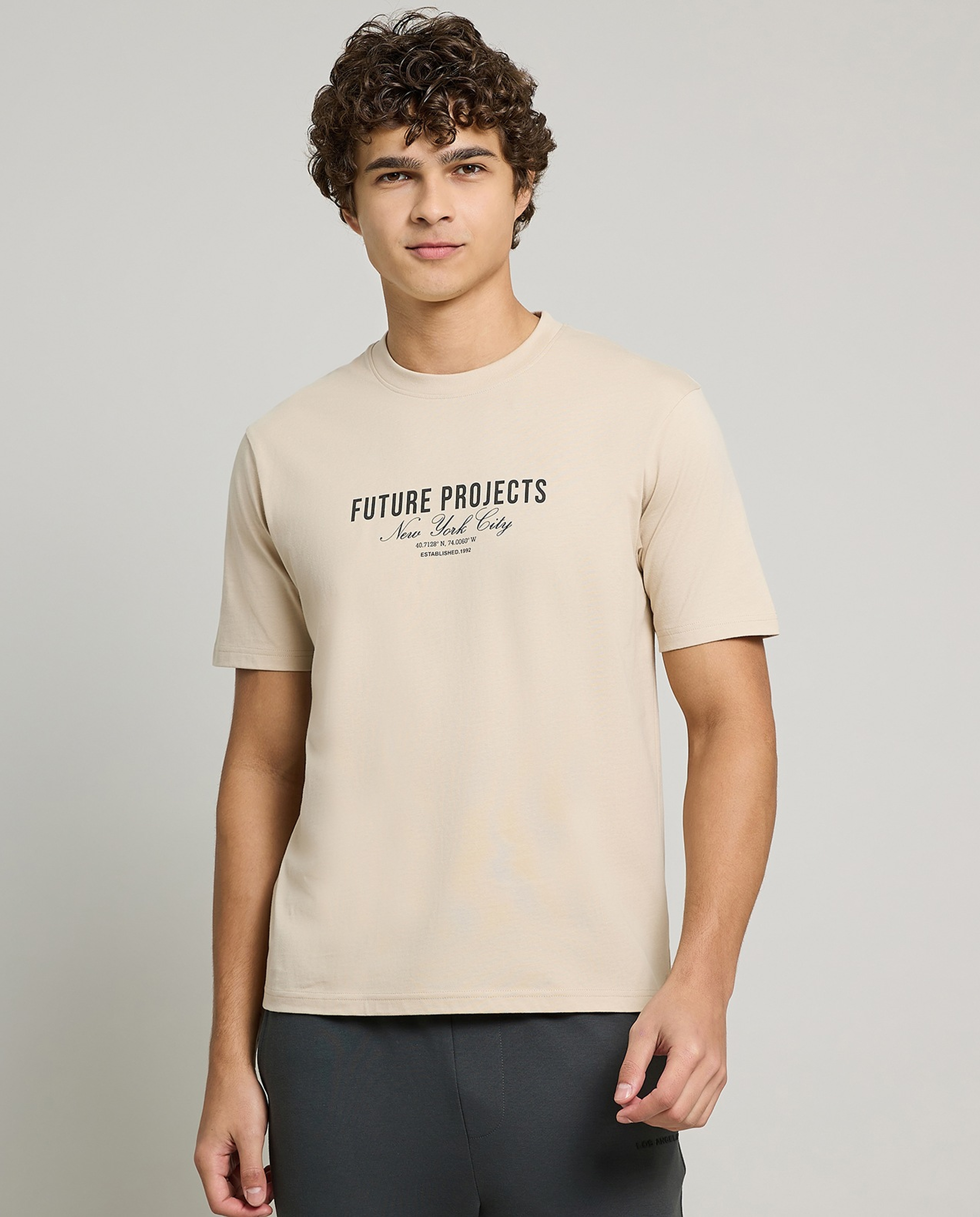 Typography Print T-Shirt with Crew Neck and Short Sleeves