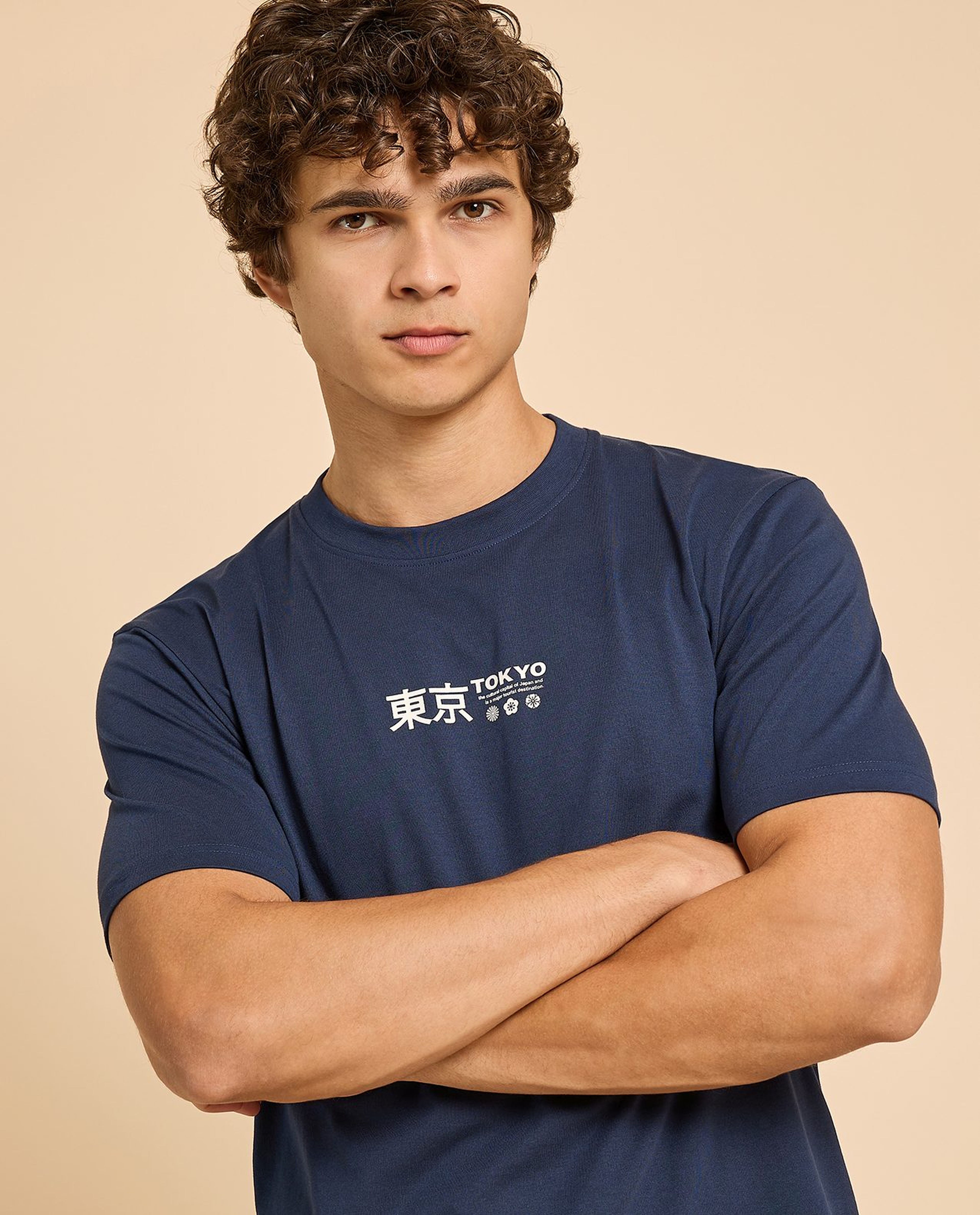 Typography Print T-Shirt with Crew Neck and Short Sleeves