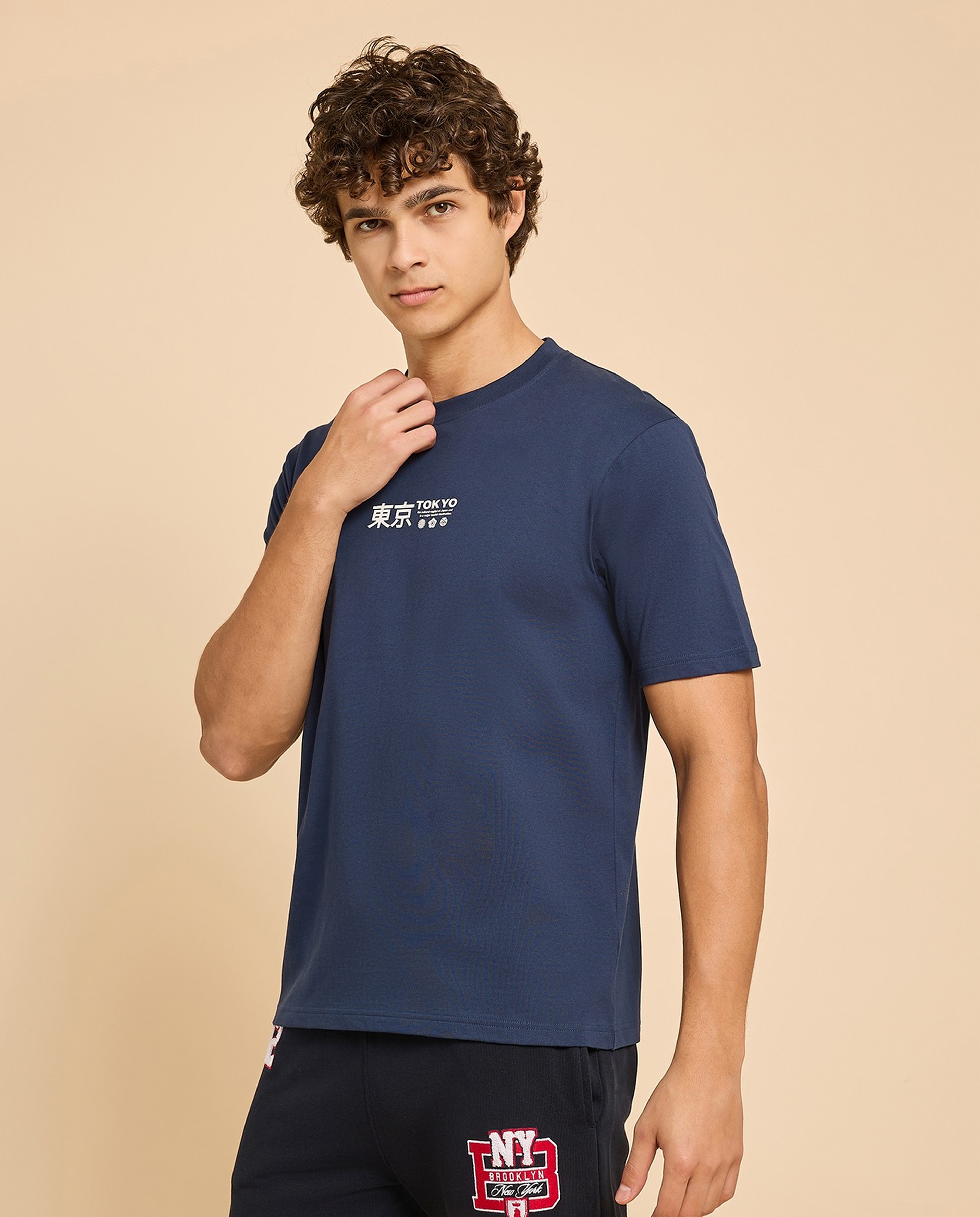 Typography Print T-Shirt with Crew Neck and Short Sleeves