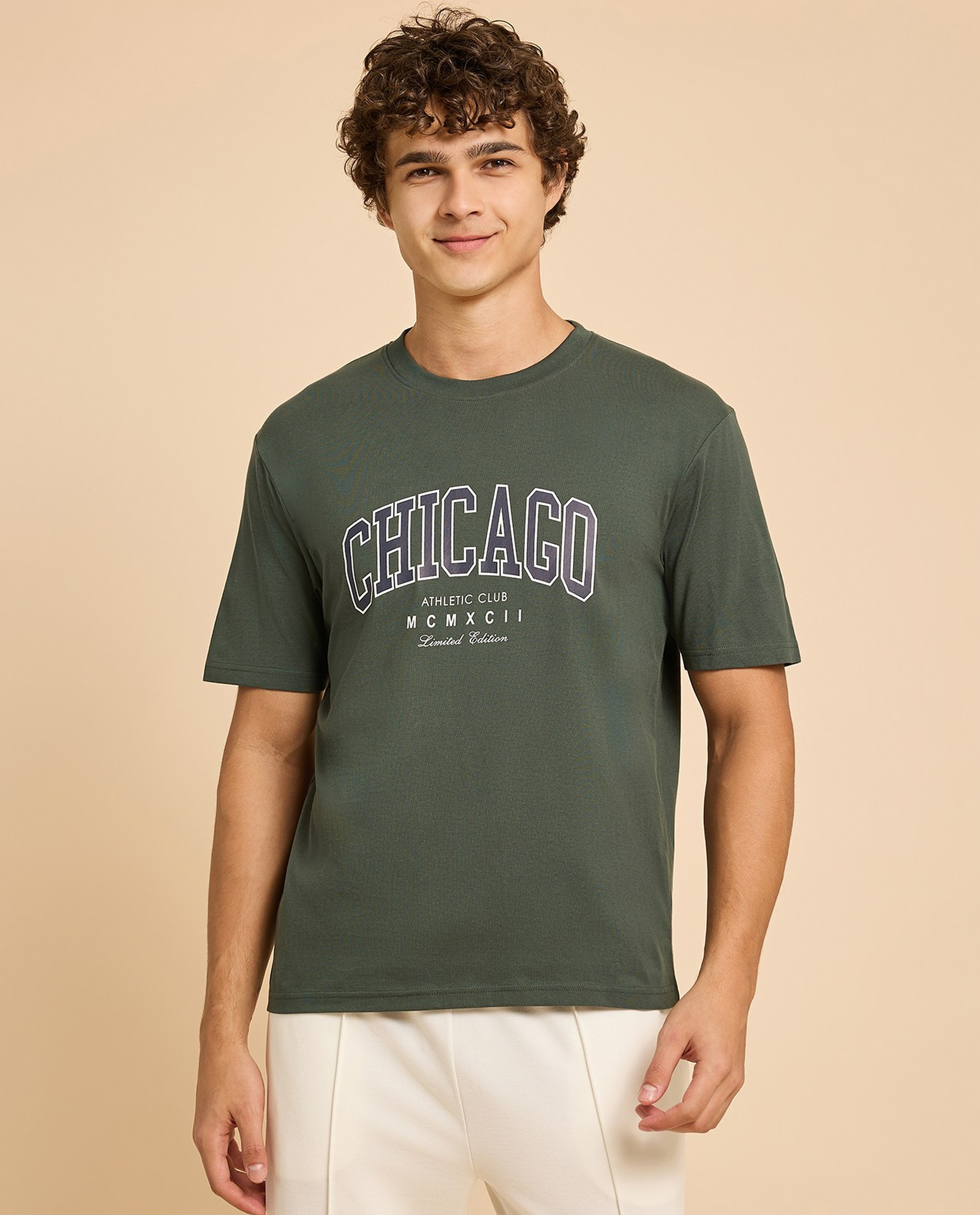 Typography Print T-Shirt with Crew Neck and Short Sleeves