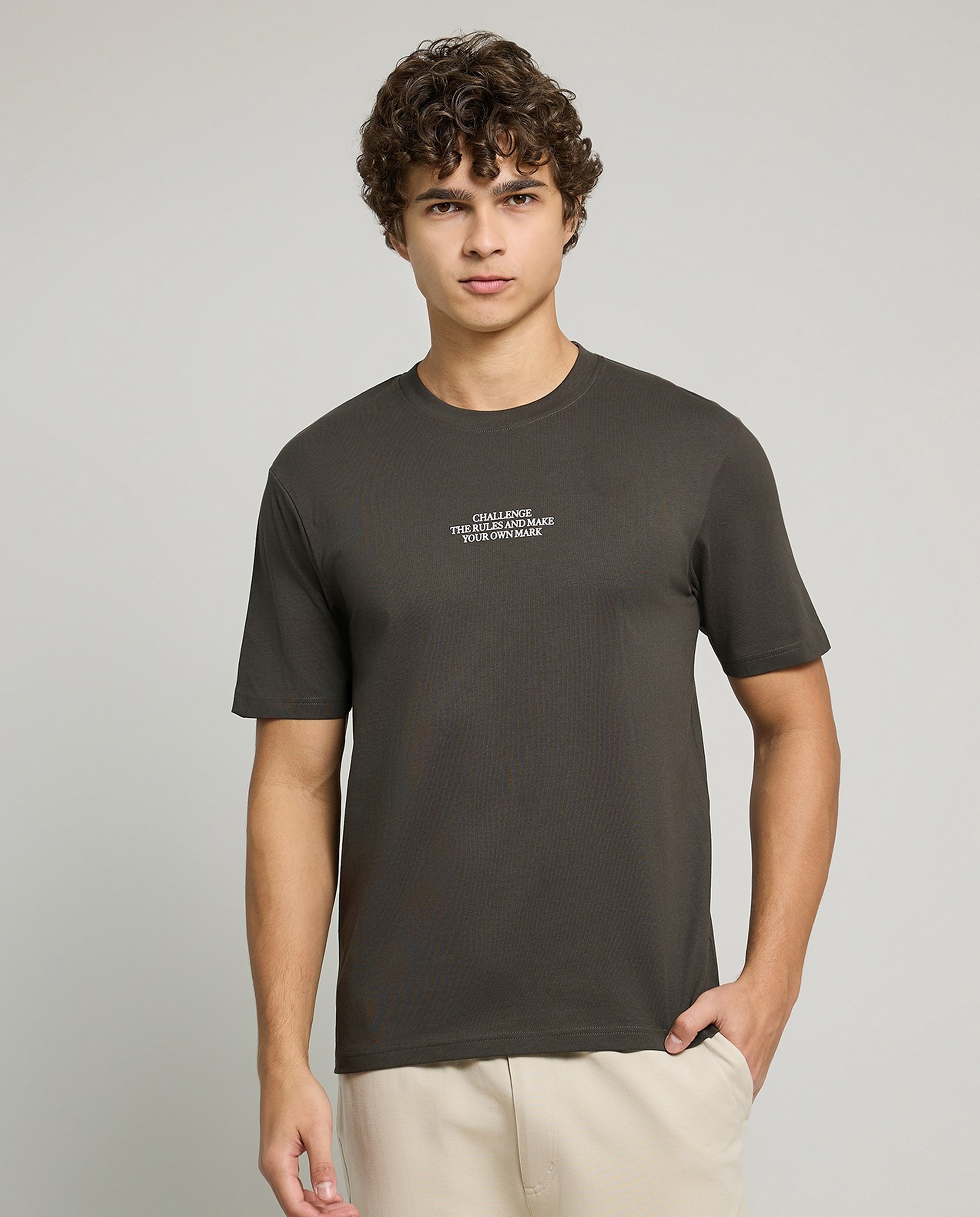 Typography Print T-Shirt with Crew Neck and Short Sleeves