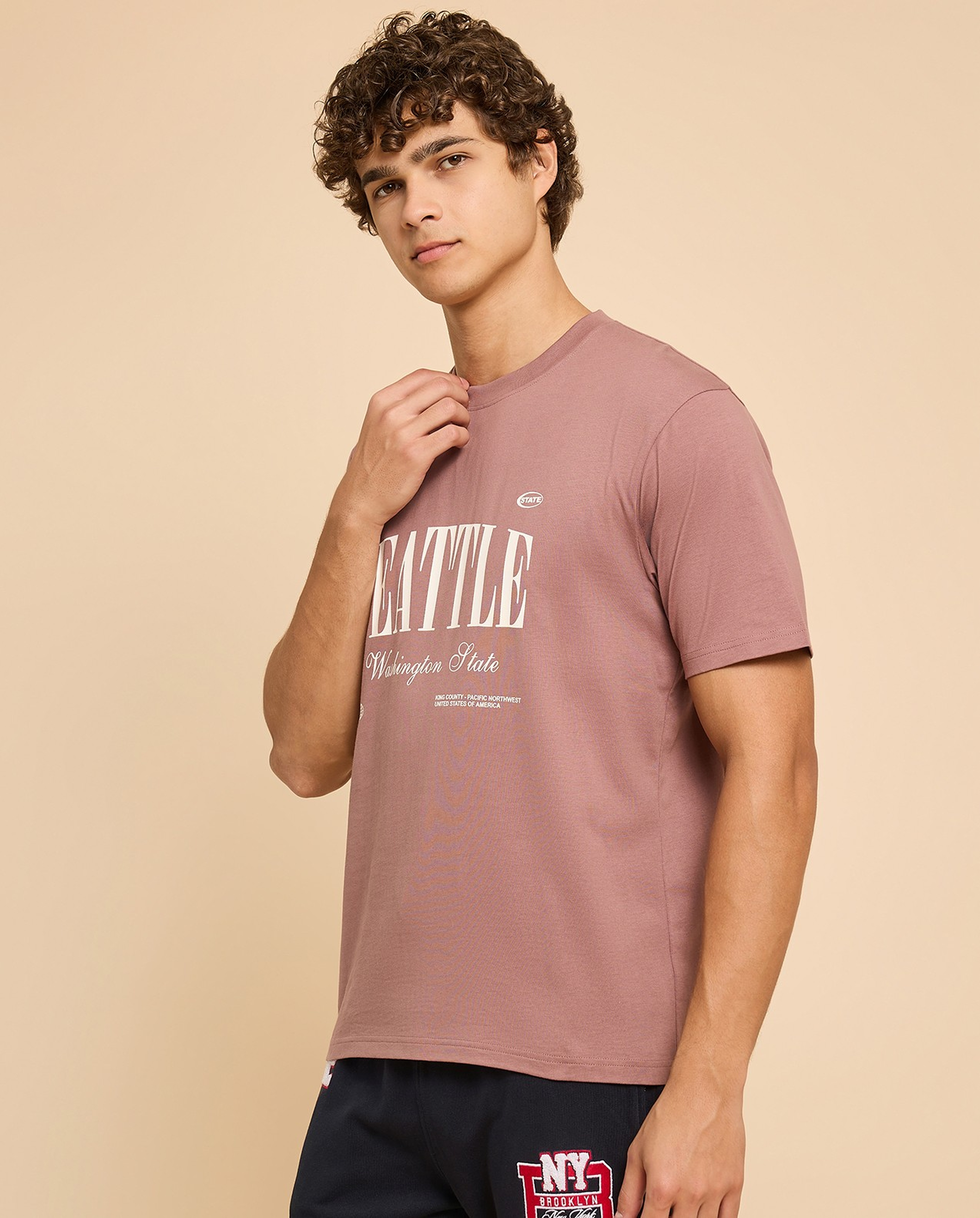 Typography Print T-Shirt with Crew Neck and Short Sleeves