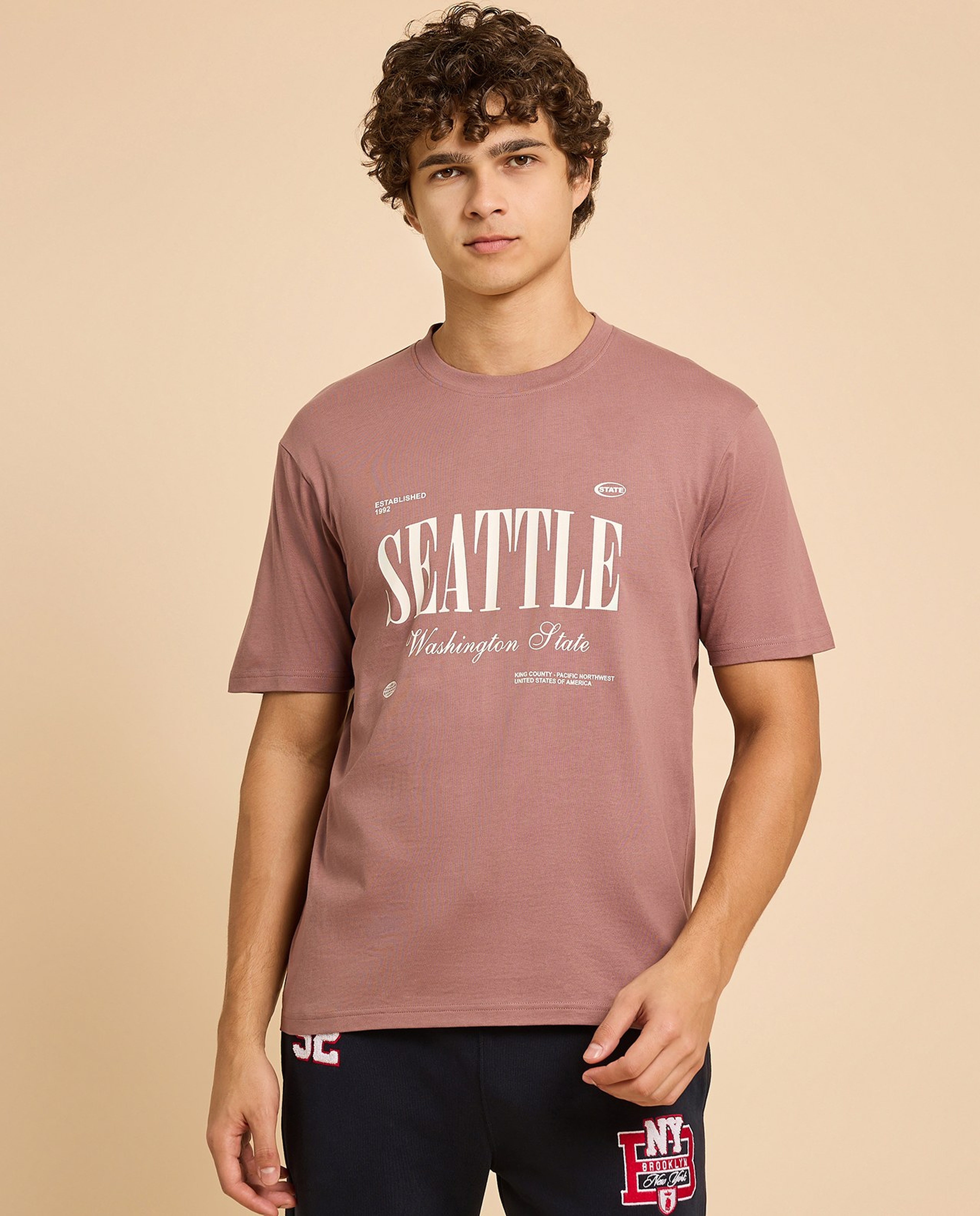 Typography Print T-Shirt with Crew Neck and Short Sleeves