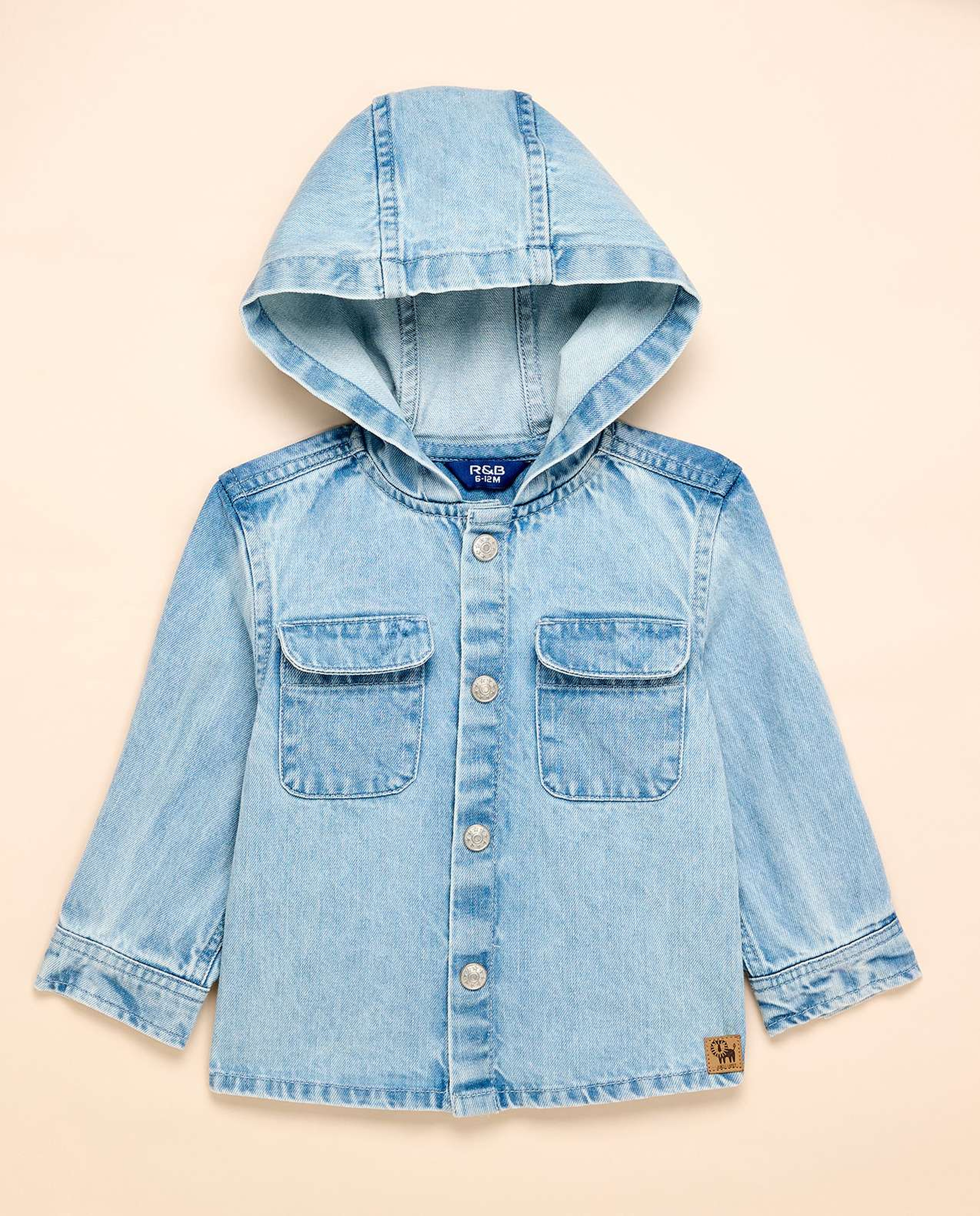 Washed Hooded Denim Shirt with Button Closure