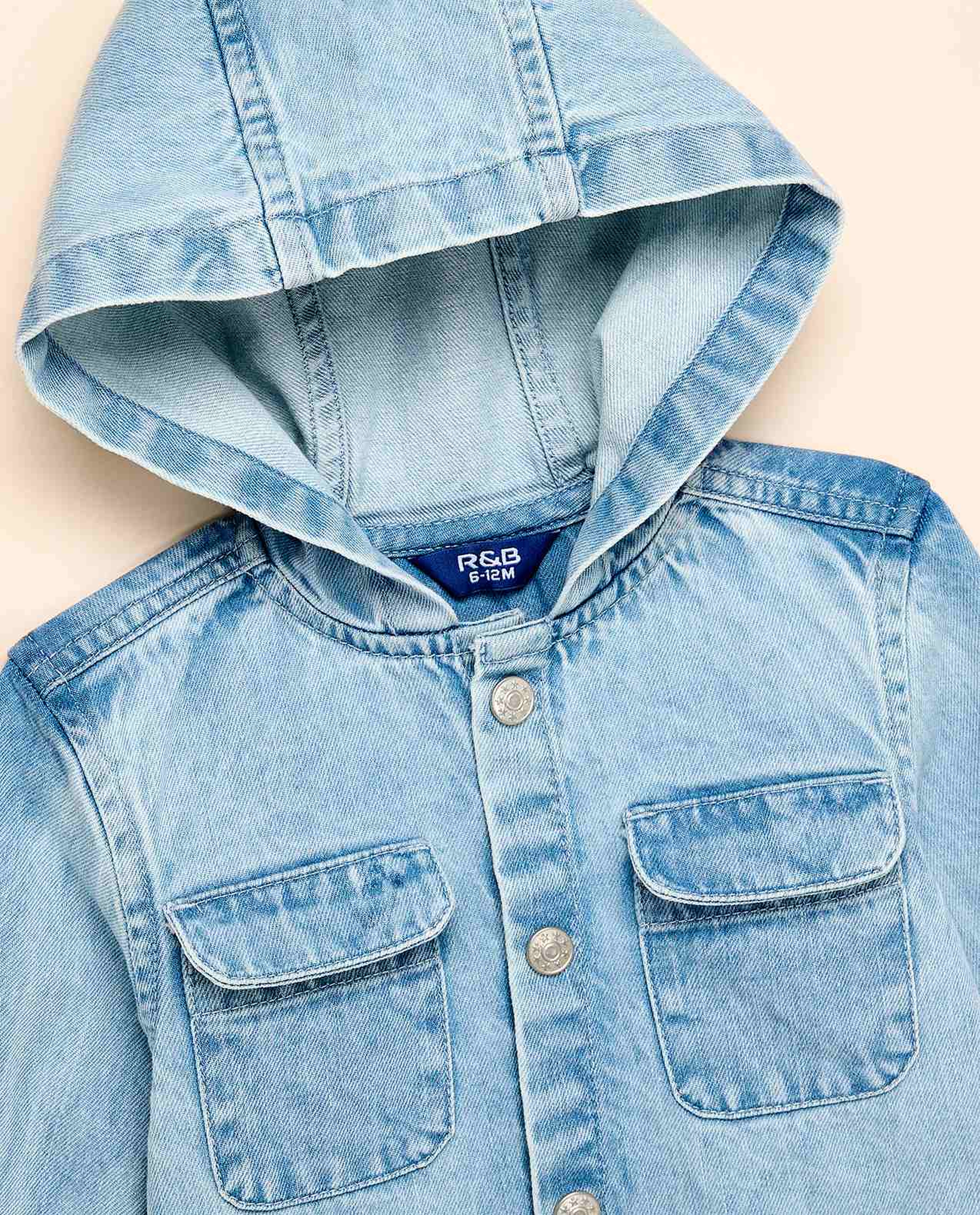 Washed Hooded Denim Shirt with Button Closure